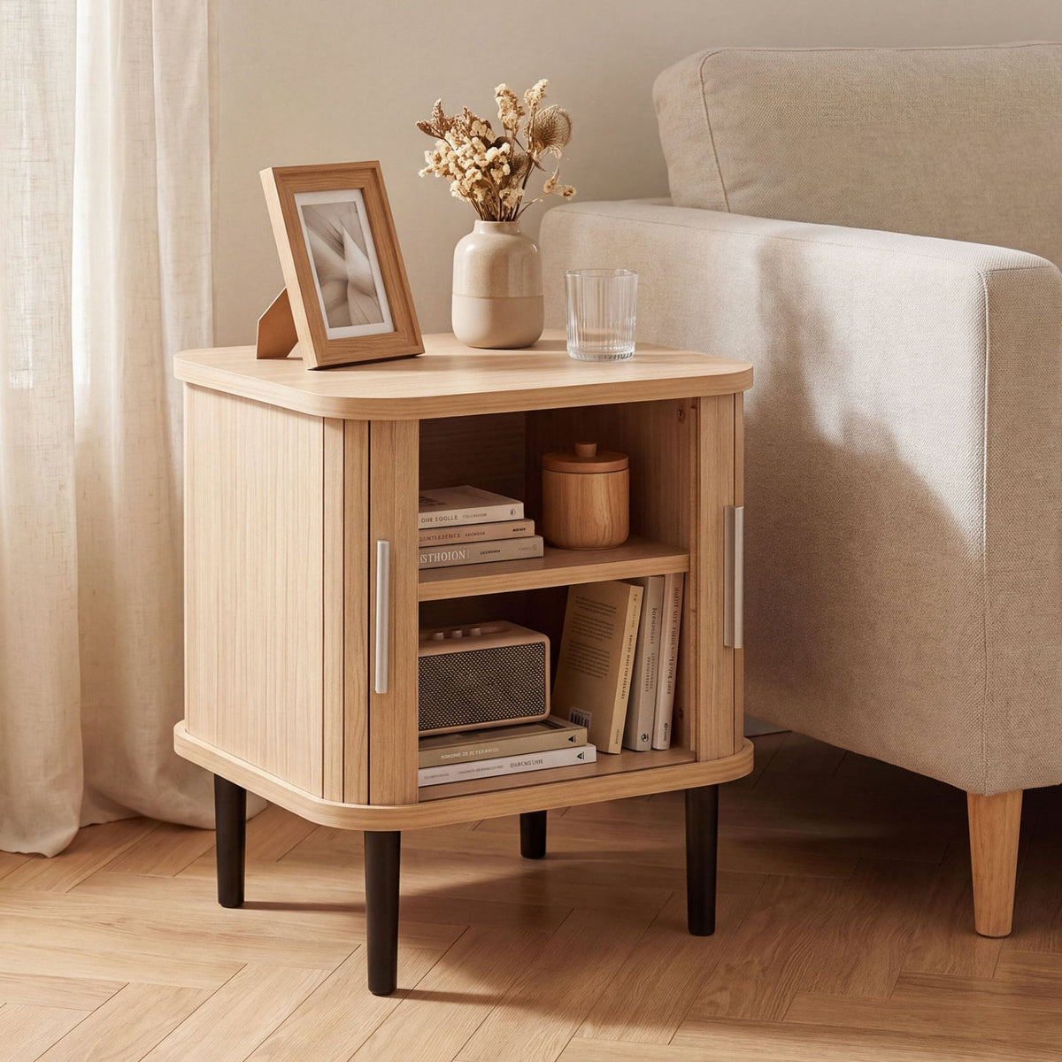 Set of 1 Fluted Nightstand with Sliding Doors and Adjustable Shelf for Small Spaces-Natural-Nightstands-DECOROLALA