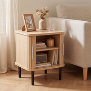 Set of 1 Fluted Nightstand with Sliding Doors and Adjustable Shelf for Small Spaces-Natural-Nightstands-DECOROLALA