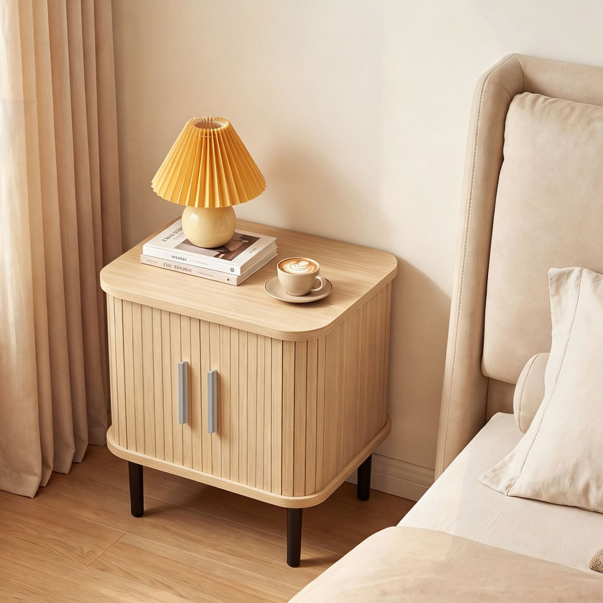 Set of 1 Fluted Nightstand with Sliding Doors and Adjustable Shelf for Small Spaces-Natural-Nightstands-DECOROLALA