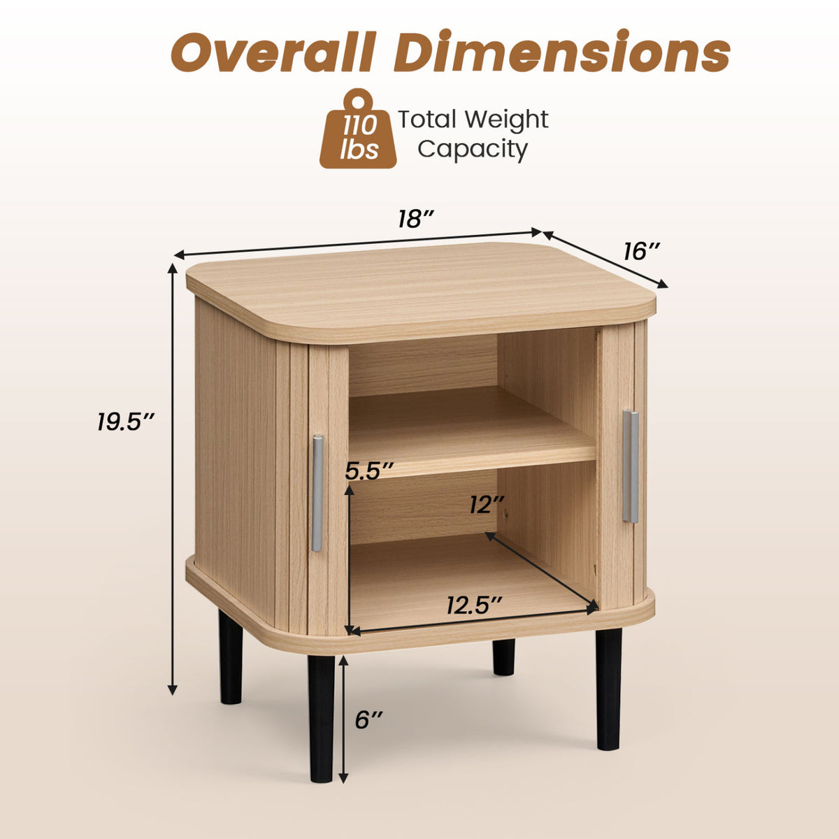 Set of 1 Fluted Nightstand with Sliding Doors and Adjustable Shelf for Small Spaces-Natural-Nightstands-DECOROLALA