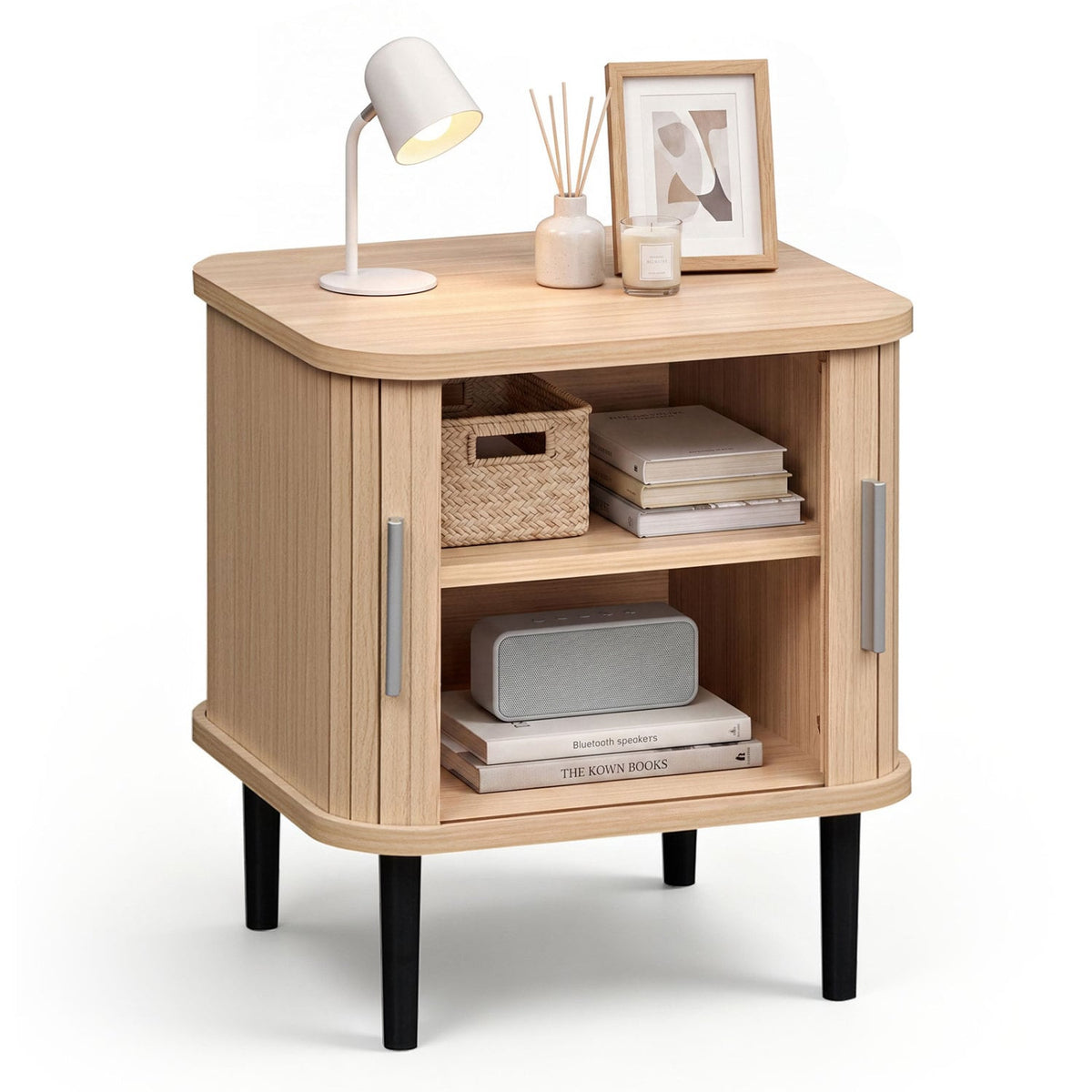 Set of 1 Fluted Nightstand with Sliding Doors and Adjustable Shelf for Small Spaces-Natural-Nightstands-DECOROLALA