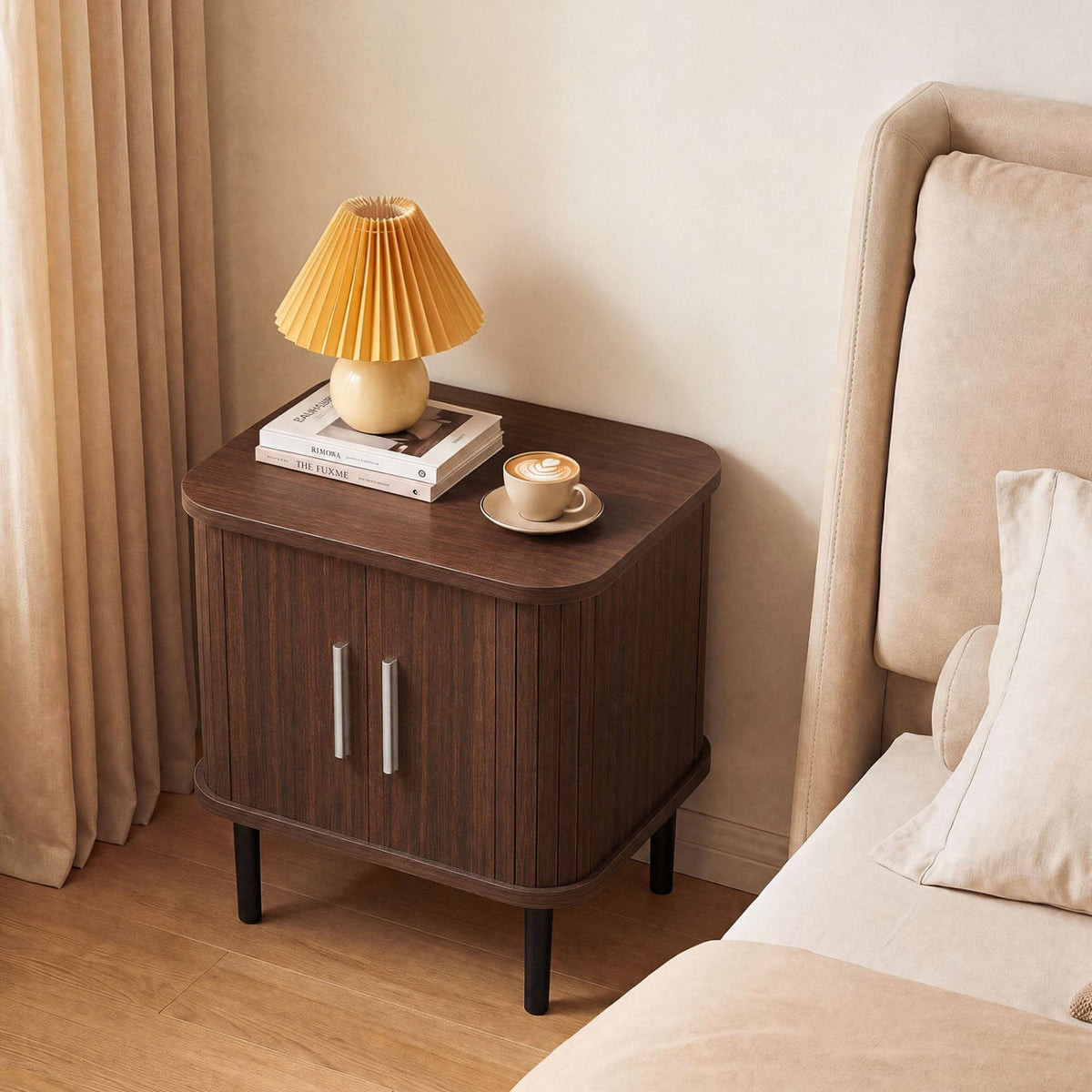 Set of 1 Fluted Nightstand with Sliding Doors and Adjustable Shelf for Small Spaces-Walnut-Nightstands-DECOROLALA