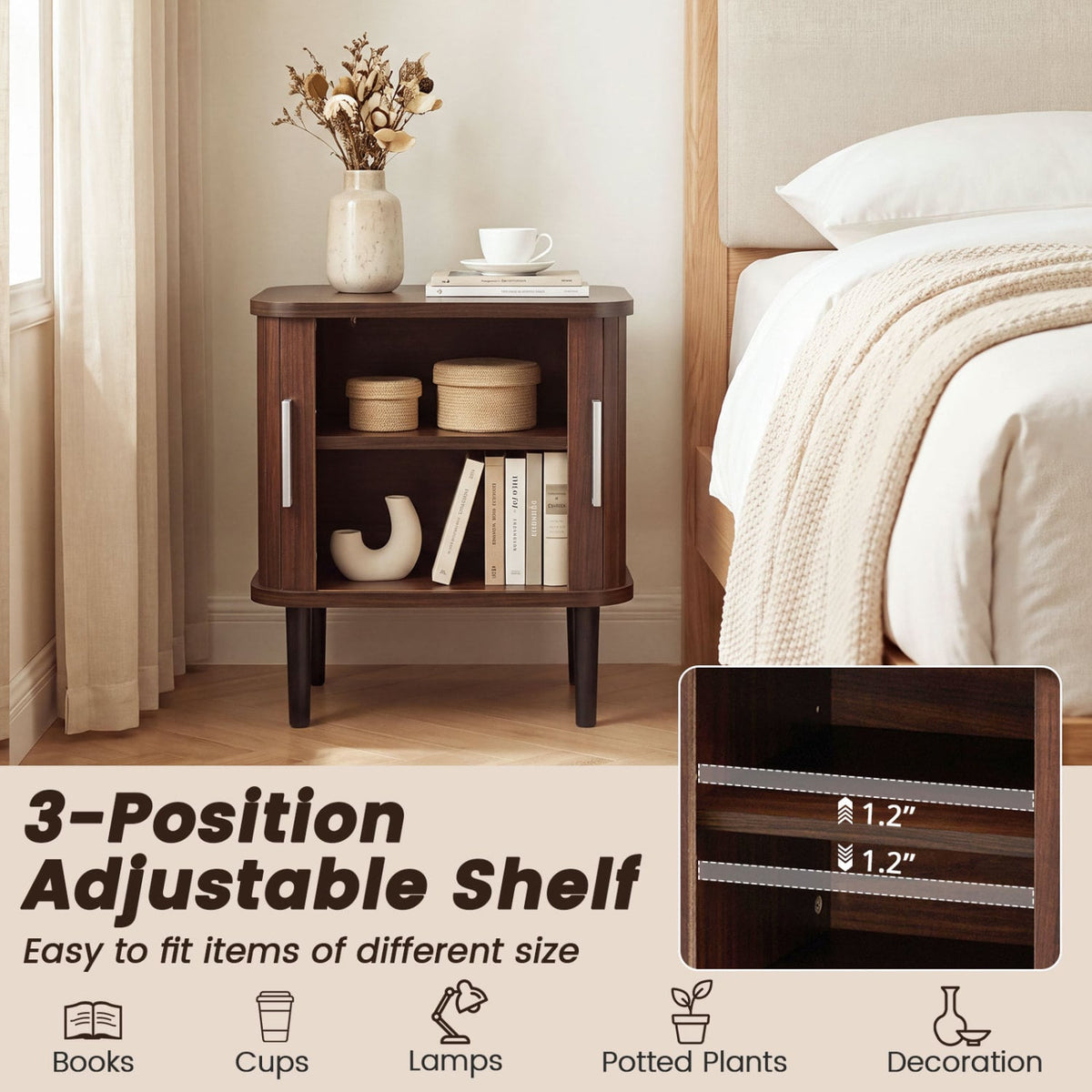 Set of 1 Fluted Nightstand with Sliding Doors and Adjustable Shelf for Small Spaces-Walnut-Nightstands-DECOROLALA