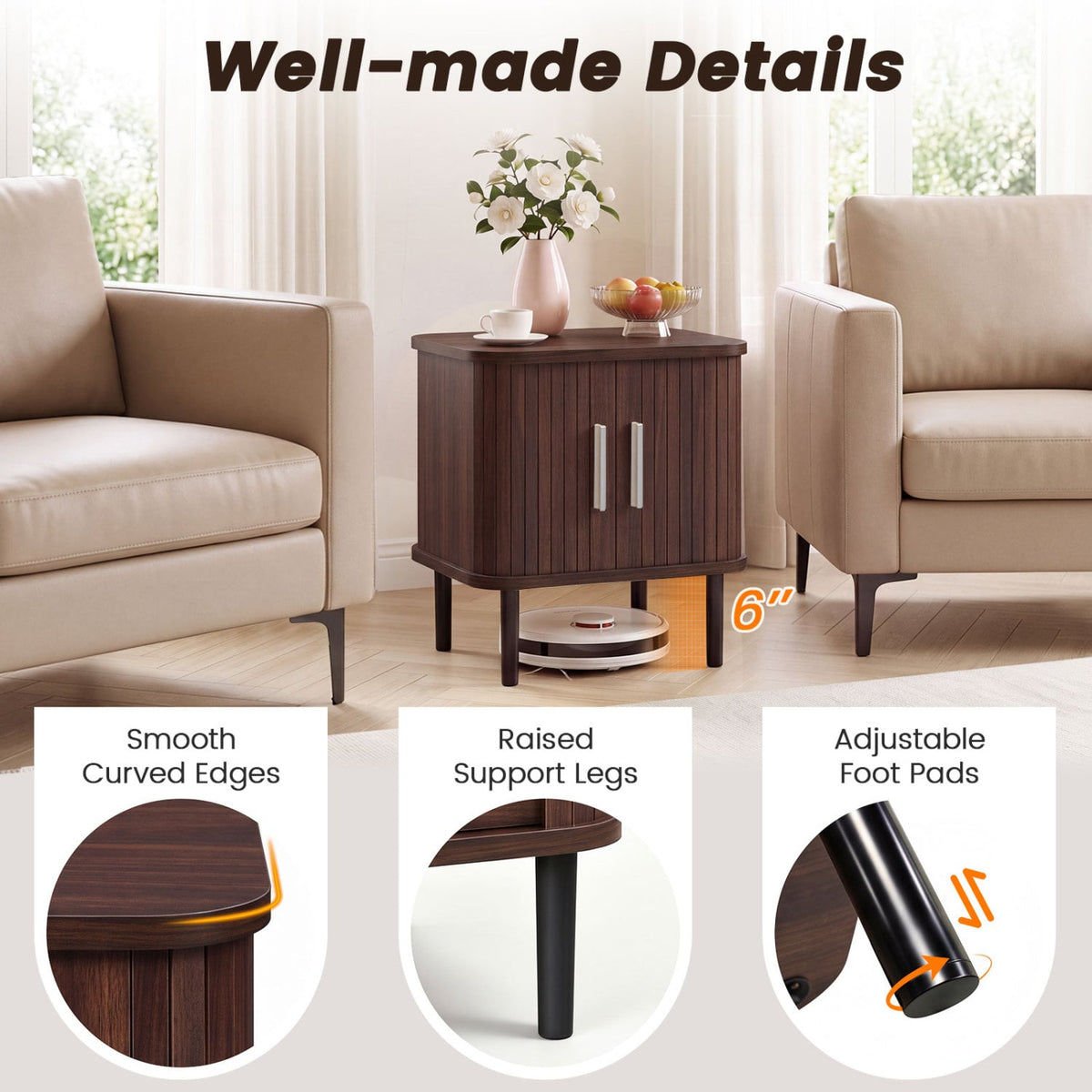 Set of 1 Fluted Nightstand with Sliding Doors and Adjustable Shelf for Small Spaces-Walnut-Nightstands-DECOROLALA