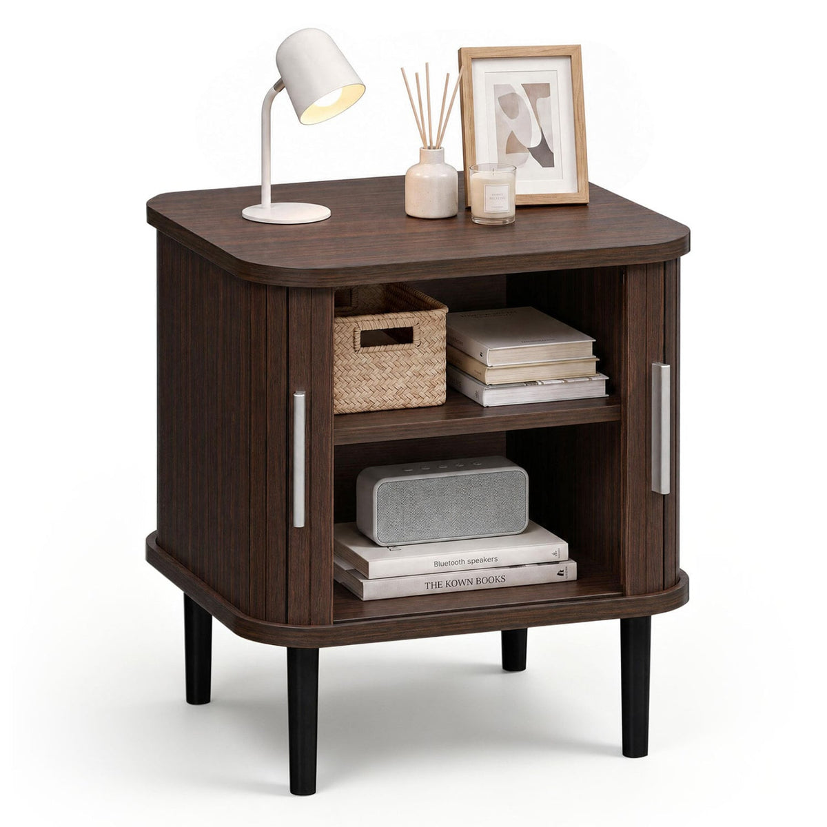 Set of 1 Fluted Nightstand with Sliding Doors and Adjustable Shelf for Small Spaces-Walnut-Nightstands-DECOROLALA