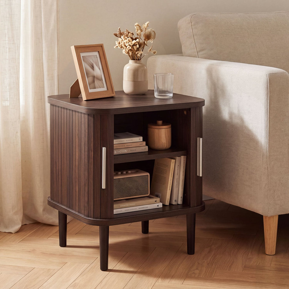 Set of 1 Fluted Nightstand with Sliding Doors and Adjustable Shelf for Small Spaces-Walnut-Nightstands-DECOROLALA