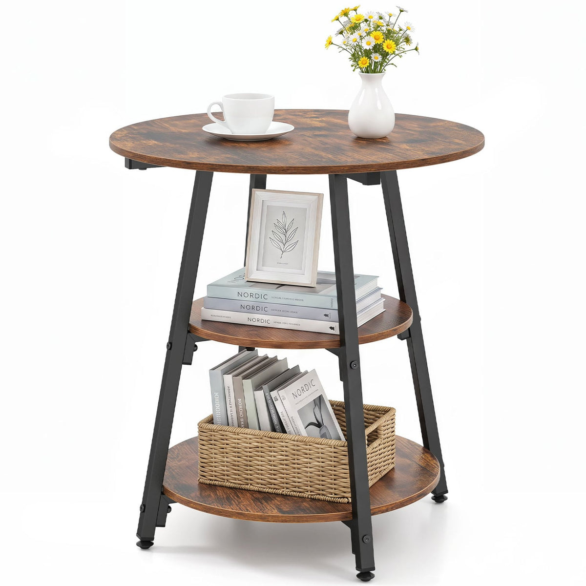 Set of 1 Industrial Side Tables with 3-Tier Shelves & Metal Frame for Small Space-Rustic Brown-End & Side Tables-DECOROLALA