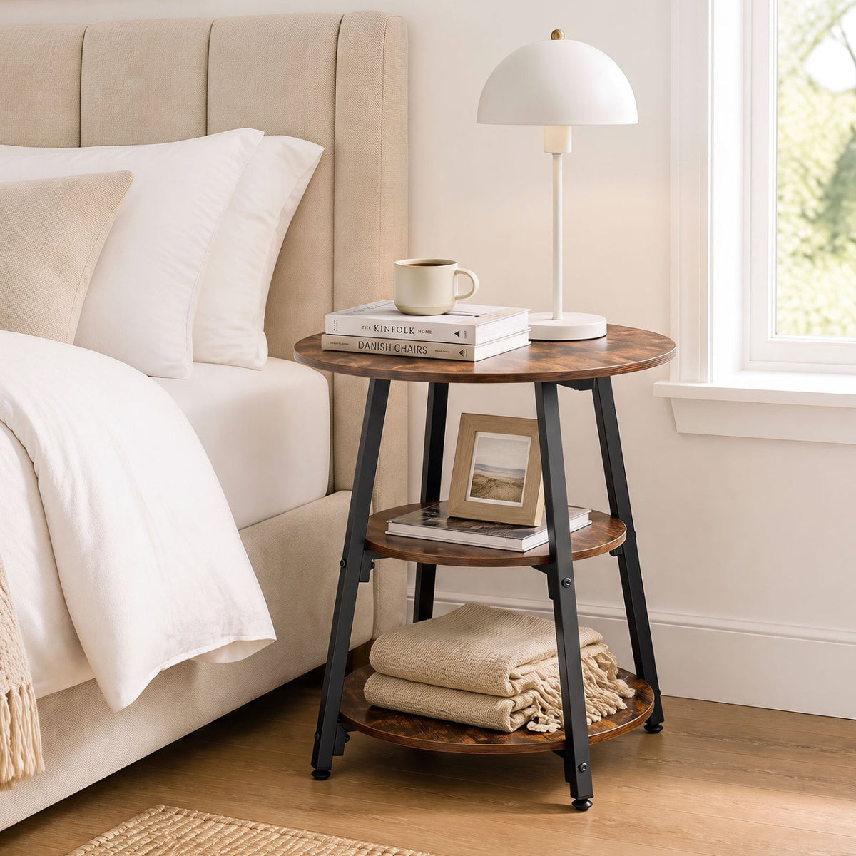Set of 1 Industrial Side Tables with 3-Tier Shelves & Metal Frame for Small Space-Rustic Brown-End & Side Tables-DECOROLALA