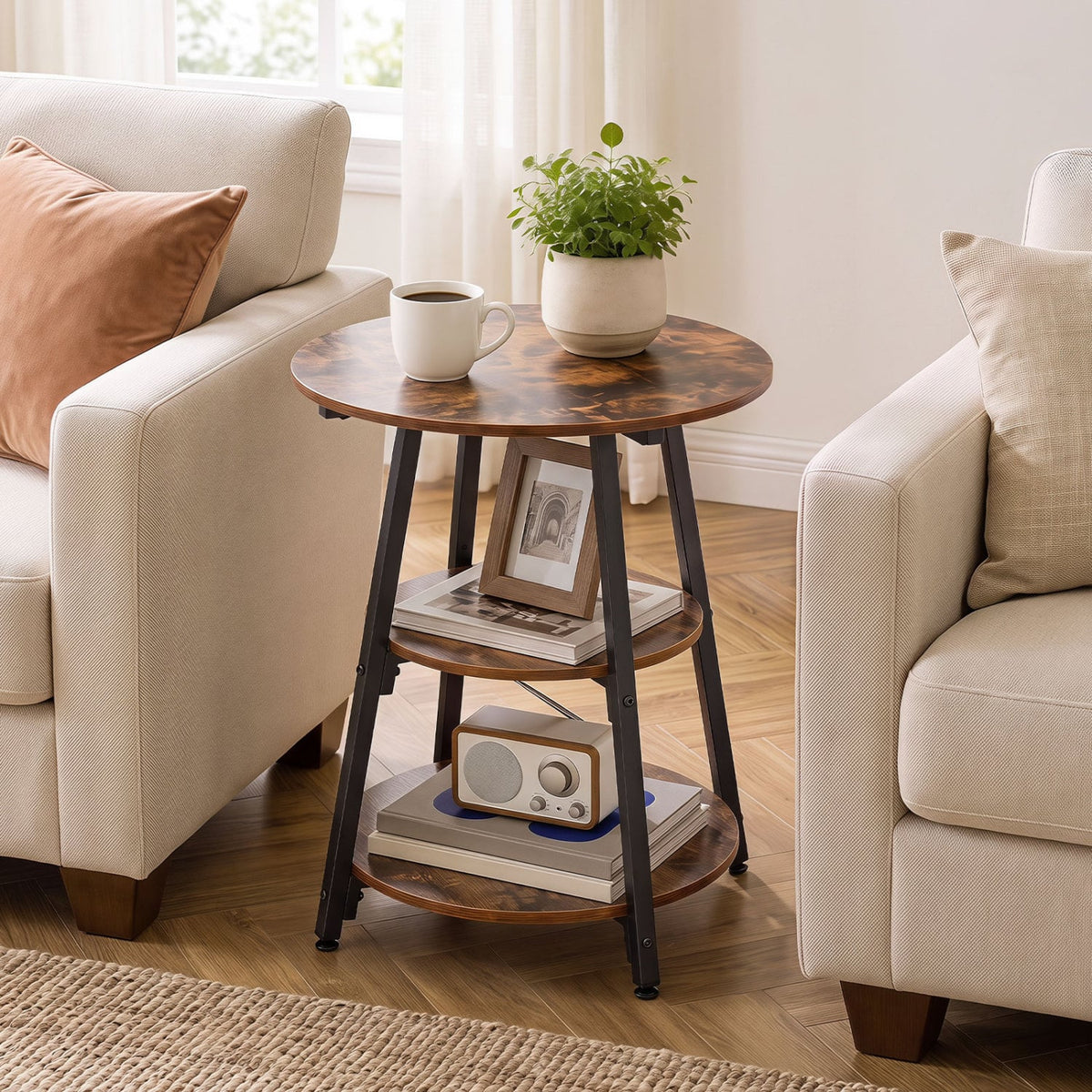 Set of 1 Industrial Side Tables with 3-Tier Shelves & Metal Frame for Small Space-Rustic Brown-End & Side Tables-DECOROLALA