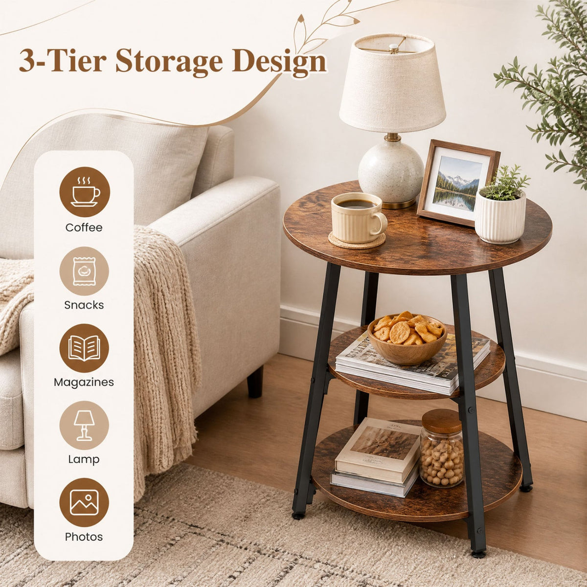 Set of 1 Industrial Side Tables with 3-Tier Shelves & Metal Frame for Small Space-Rustic Brown-End & Side Tables-DECOROLALA