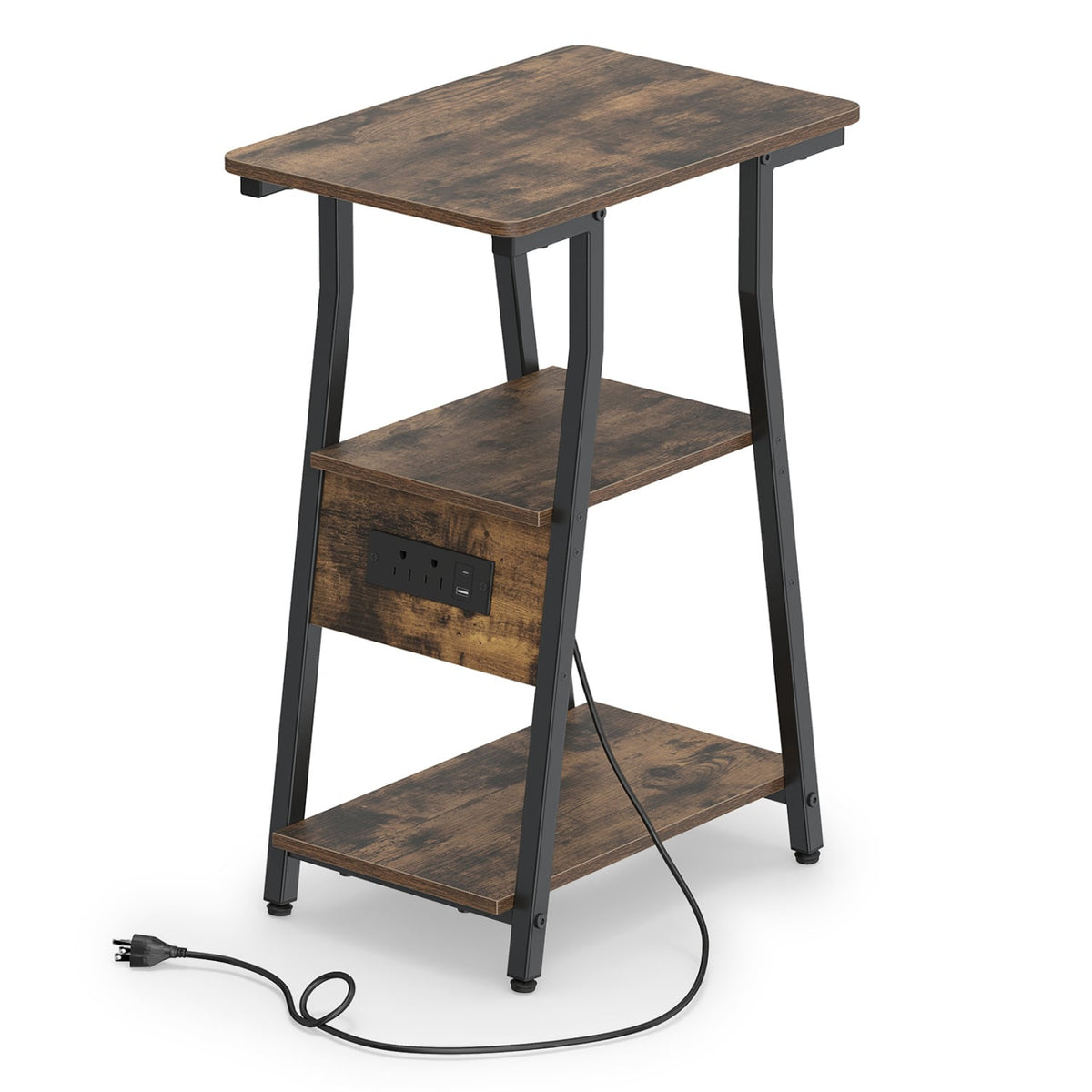 Set of 1 Industrial Side Tables with Charging Station & 3-Tier Shelves for Small Space-Rustic Brown-End & Side Tables-DECOROLALA