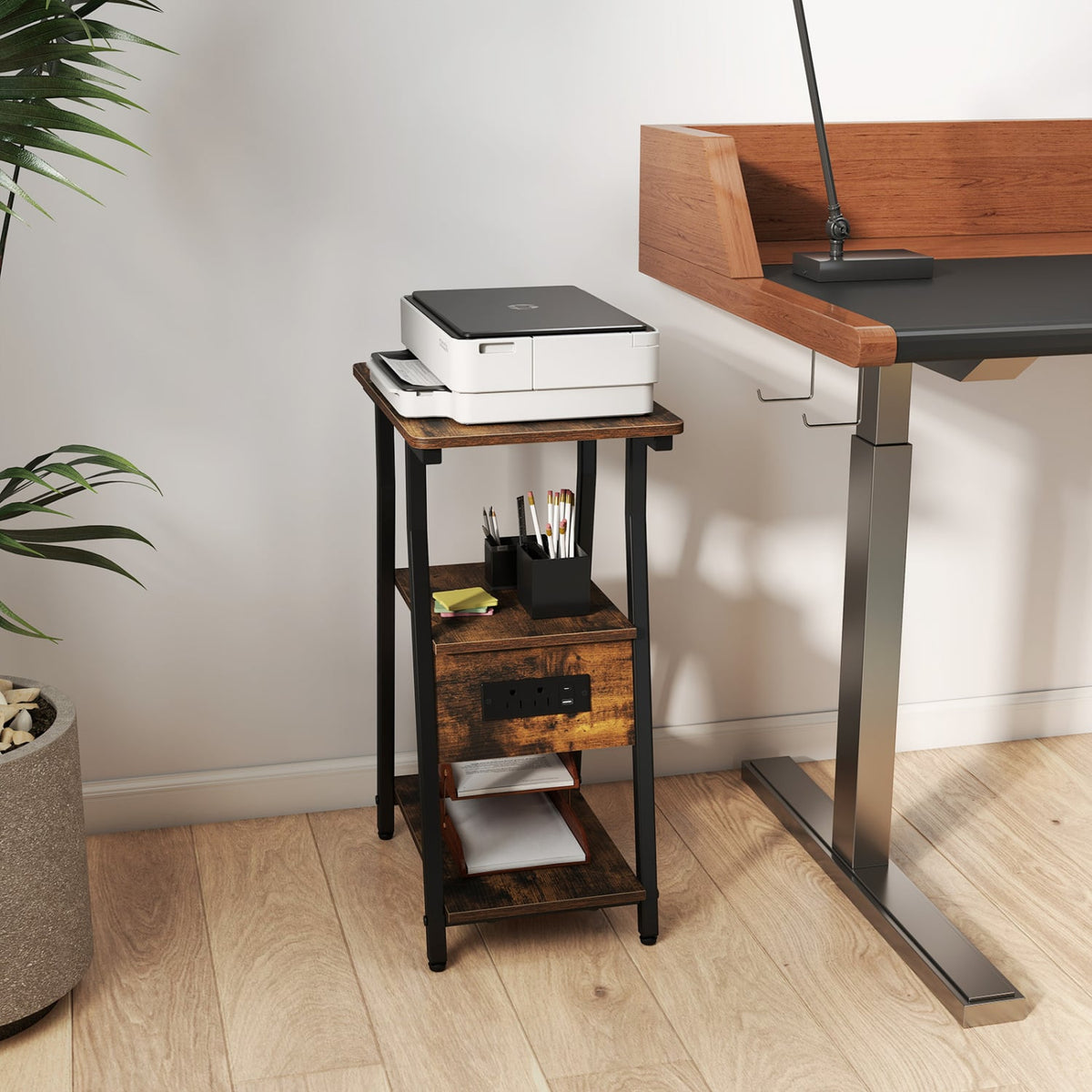 Set of 1 Industrial Side Tables with Charging Station & 3-Tier Shelves for Small Space-Rustic Brown-End & Side Tables-DECOROLALA