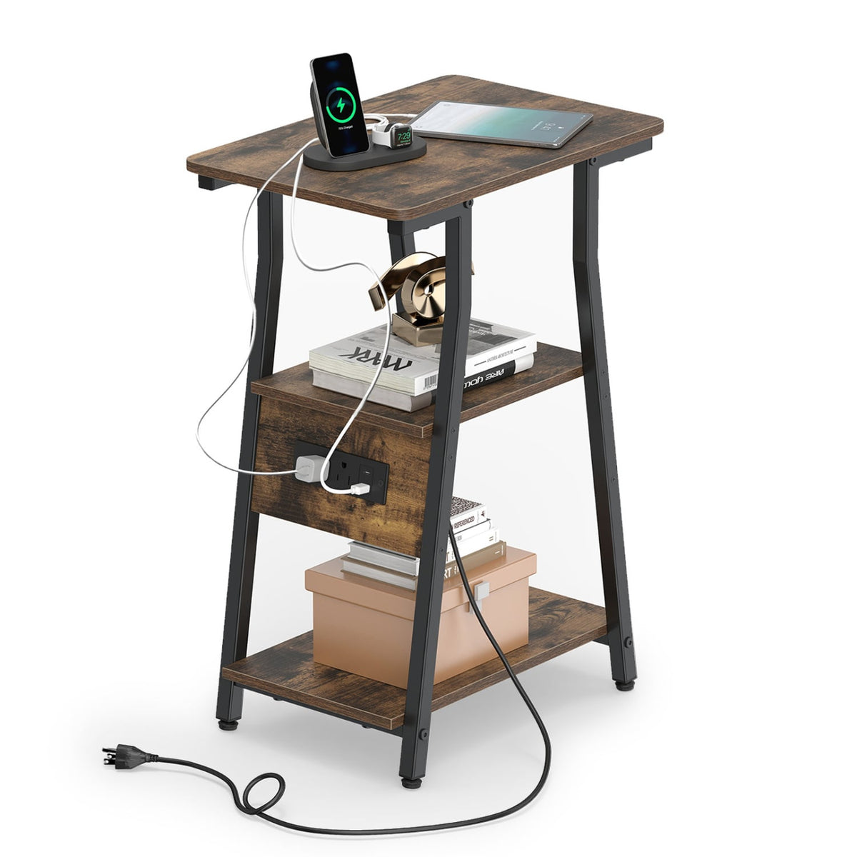 Set of 1 Industrial Side Tables with Charging Station & 3-Tier Shelves for Small Space-Rustic Brown-End & Side Tables-DECOROLALA