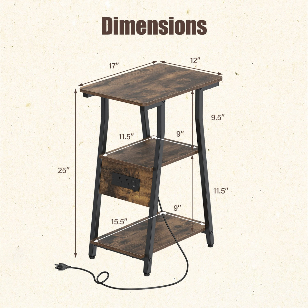Set of 1 Industrial Side Tables with Charging Station & 3-Tier Shelves for Small Space-Rustic Brown-End & Side Tables-DECOROLALA