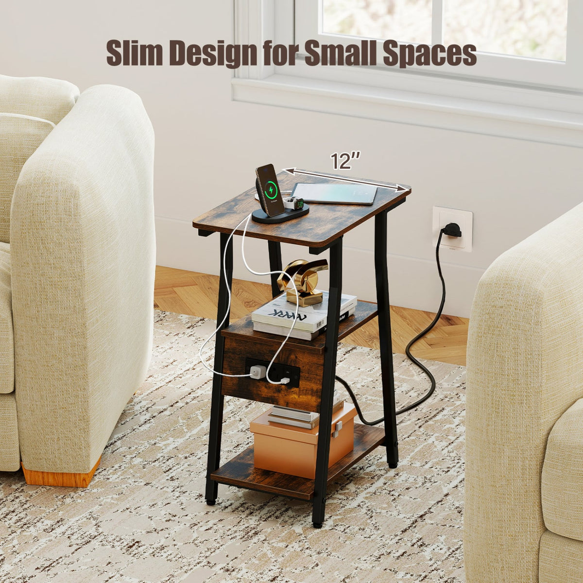Set of 1 Industrial Side Tables with Charging Station & 3-Tier Shelves for Small Space-Rustic Brown-End & Side Tables-DECOROLALA