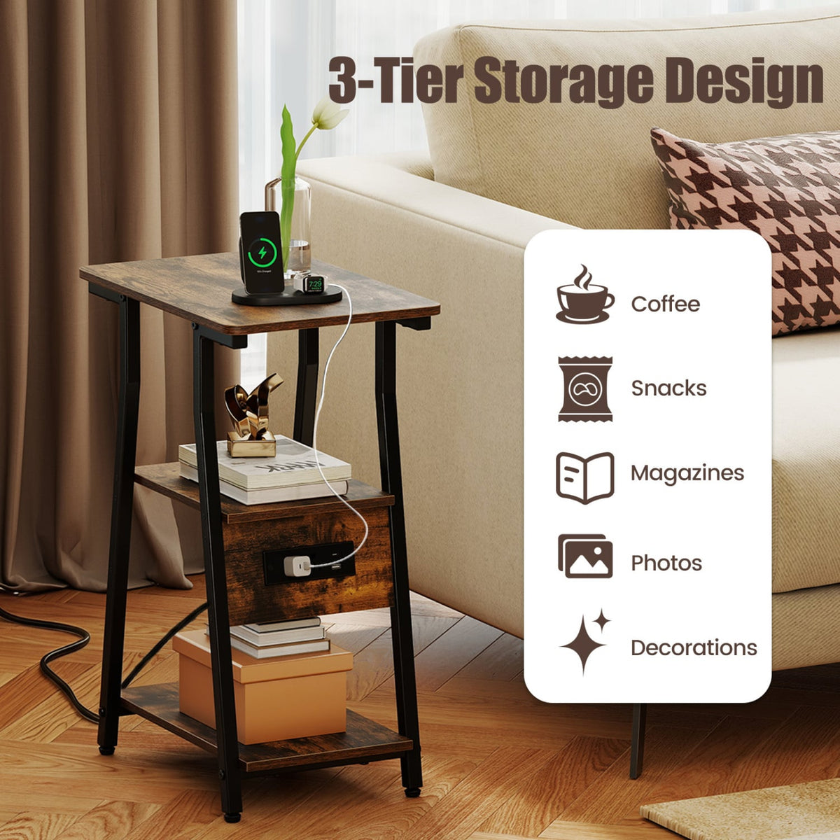 Set of 1 Industrial Side Tables with Charging Station & 3-Tier Shelves for Small Space-Rustic Brown-End & Side Tables-DECOROLALA