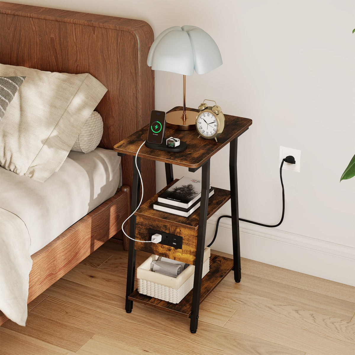 Set of 1 Industrial Side Tables with Charging Station & 3-Tier Shelves for Small Space-Rustic Brown-End & Side Tables-DECOROLALA
