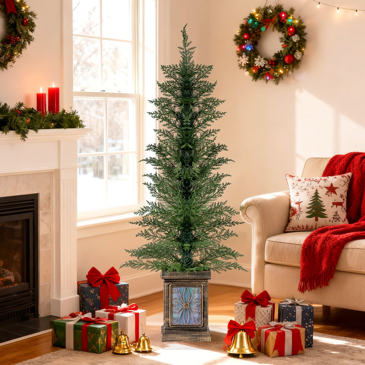 Set of 1/2 4 FT Artificial Christmas Tree Potted Xmas Tree with 100 Branch Tips and Retro Base-Set of 1-Christmas Trees-DECOROLALA