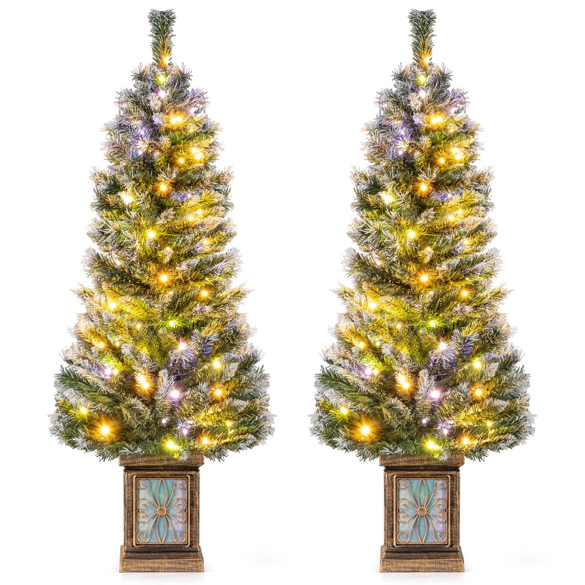 Set of 1/2 4 FT Pre-lit Artificial Christmas Trees Potted Xmas Tree with 80 Dimmable LED Lights-Set of 2-Christmas Trees-DECOROLALA