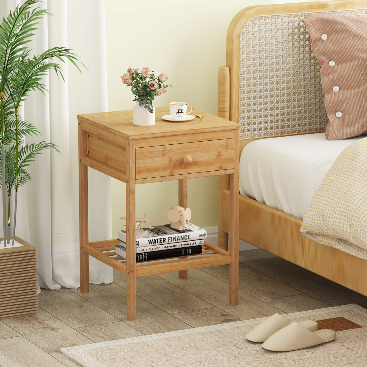 Set of 1/2 Bamboo Nightstand Bedside Table with Storage Drawer and Open Shelf-1 piece-Nightstands-DECOROLALA