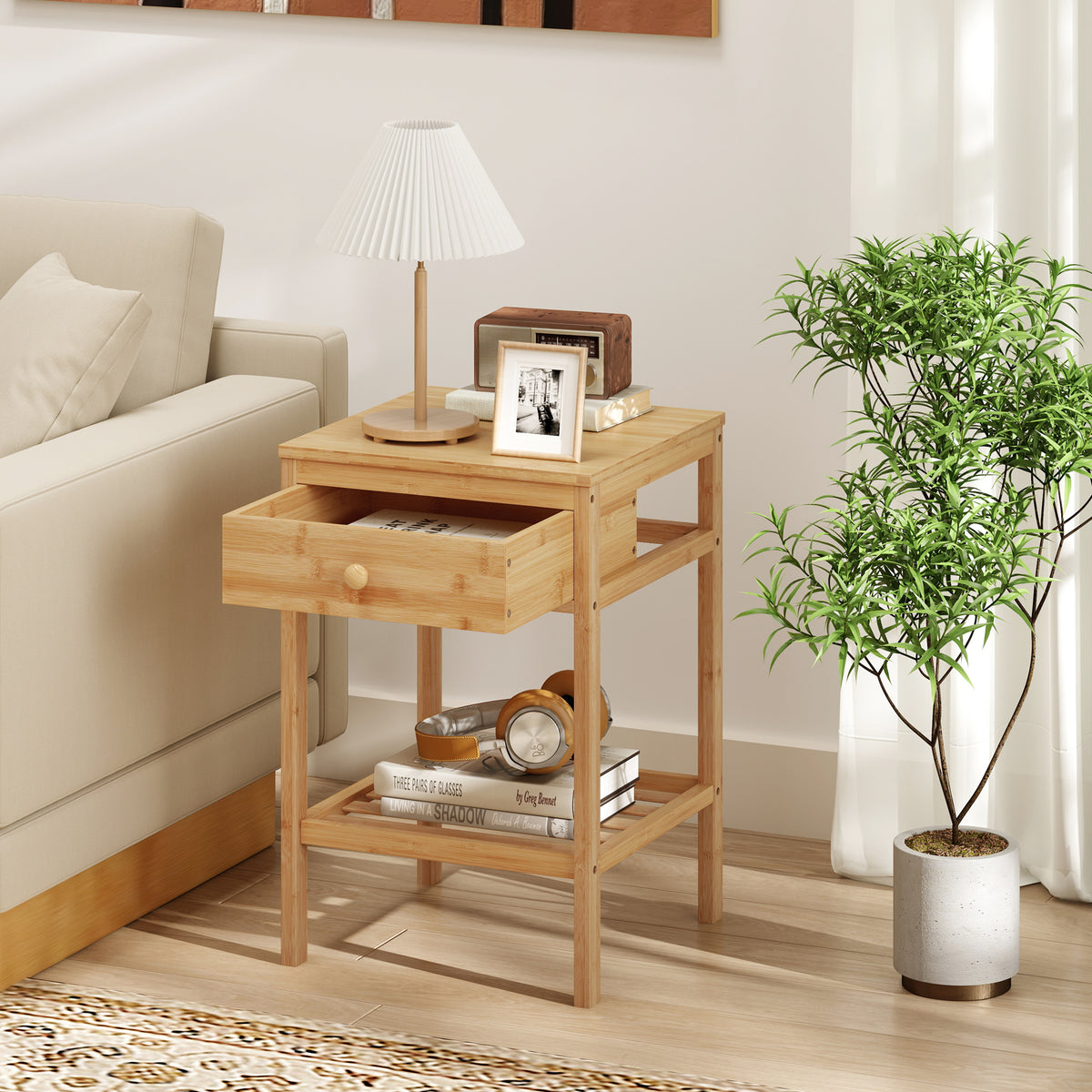 Set of 1/2 Bamboo Nightstand Bedside Table with Storage Drawer and Open Shelf-1 piece-Nightstands-DECOROLALA