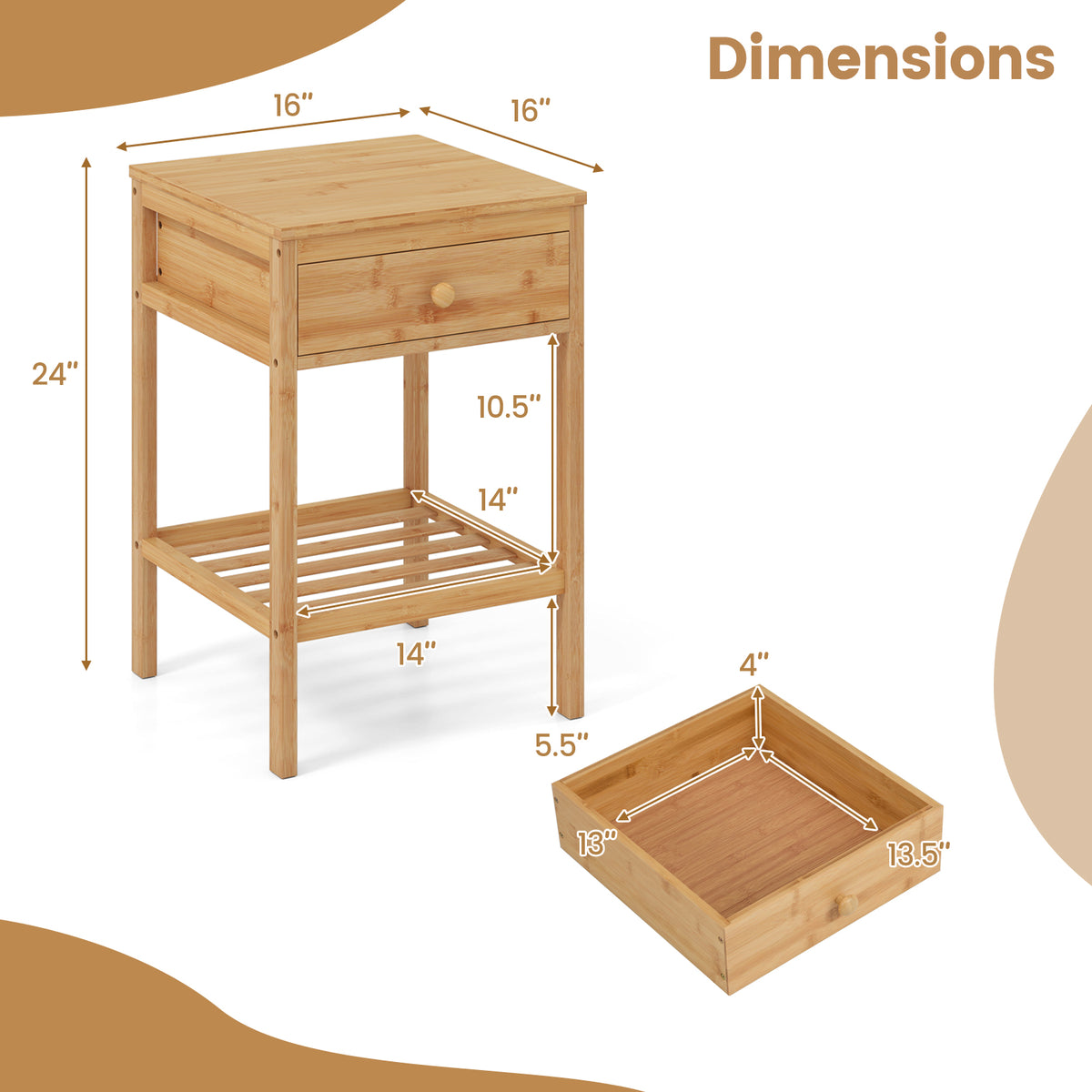 Set of 1/2 Bamboo Nightstand Bedside Table with Storage Drawer and Open Shelf-1 piece-Nightstands-DECOROLALA