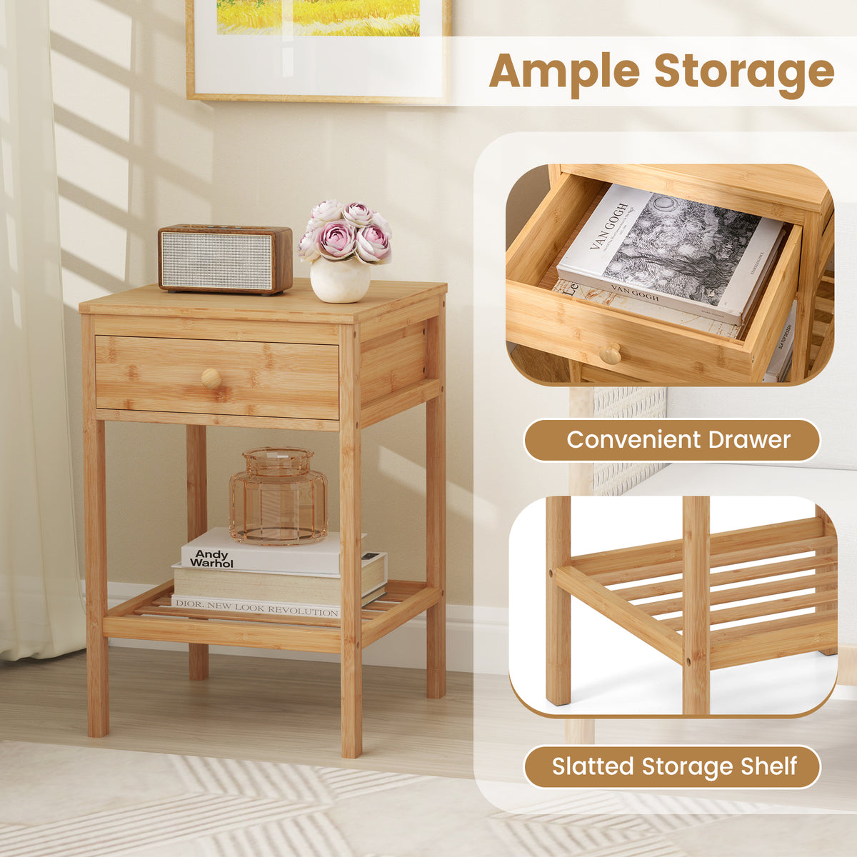 Set of 1/2 Bamboo Nightstand Bedside Table with Storage Drawer and Open Shelf-1 piece-Nightstands-DECOROLALA