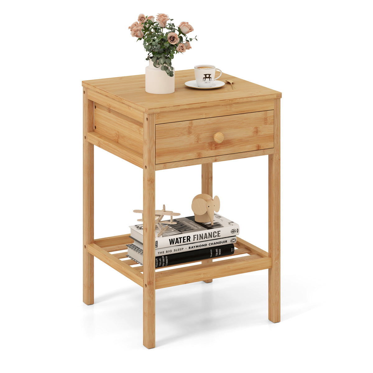 Set of 1/2 Bamboo Nightstand Bedside Table with Storage Drawer and Open Shelf-1 piece-Nightstands-DECOROLALA