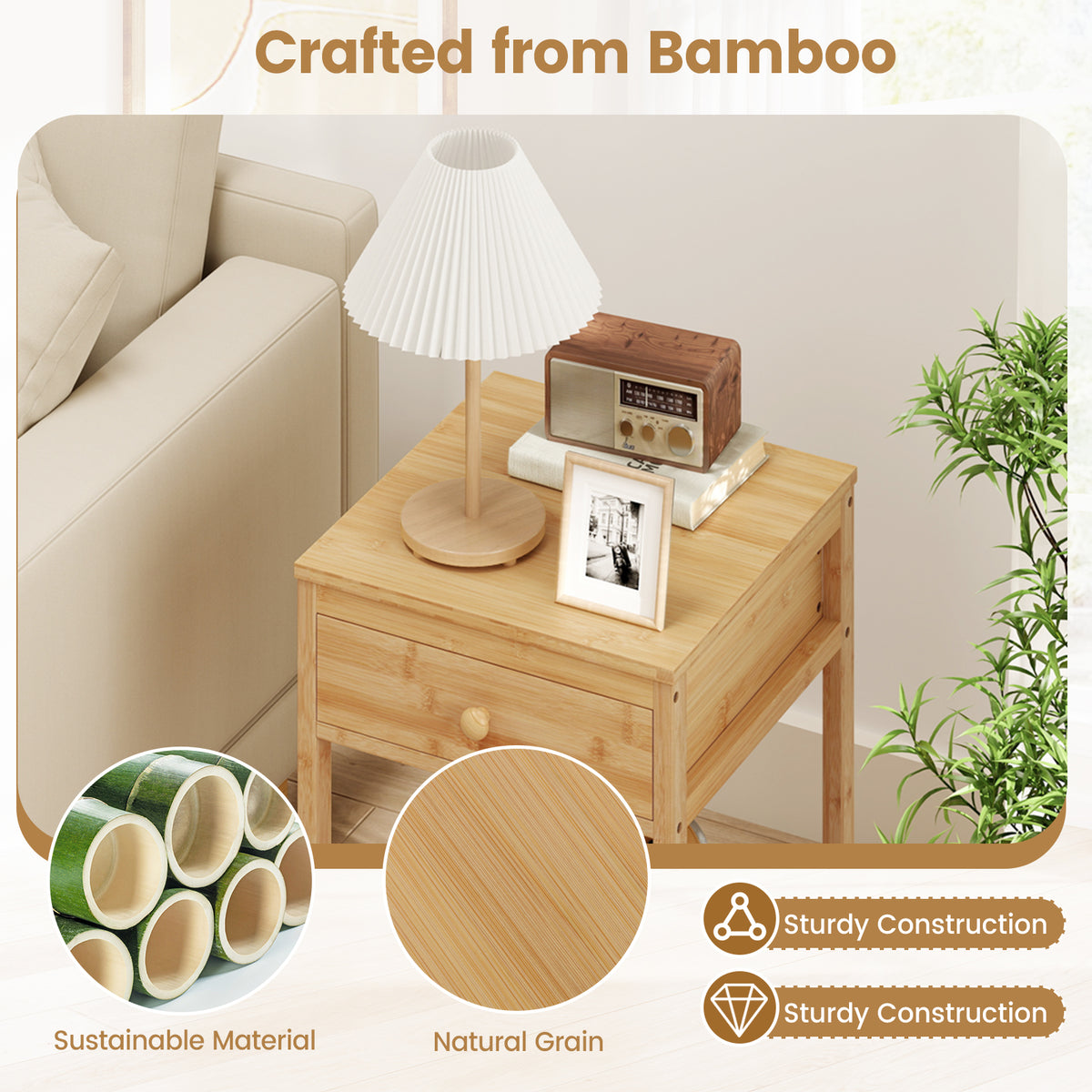 Set of 1/2 Bamboo Nightstand Bedside Table with Storage Drawer and Open Shelf-2 pieces-Nightstands-DECOROLALA