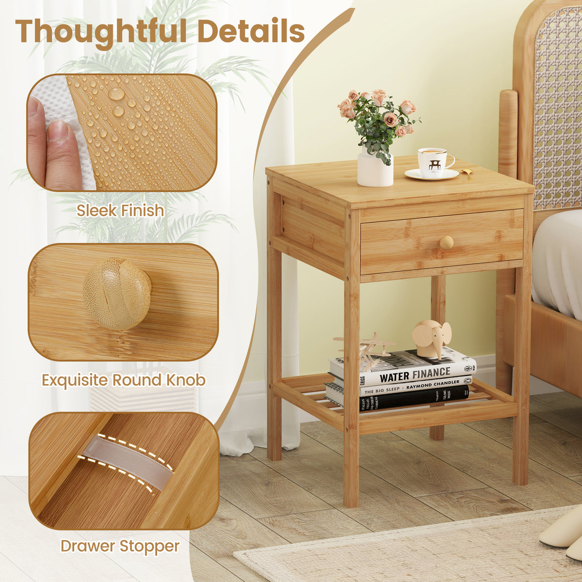 Set of 1/2 Bamboo Nightstand Bedside Table with Storage Drawer and Open Shelf-2 pieces-Nightstands-DECOROLALA