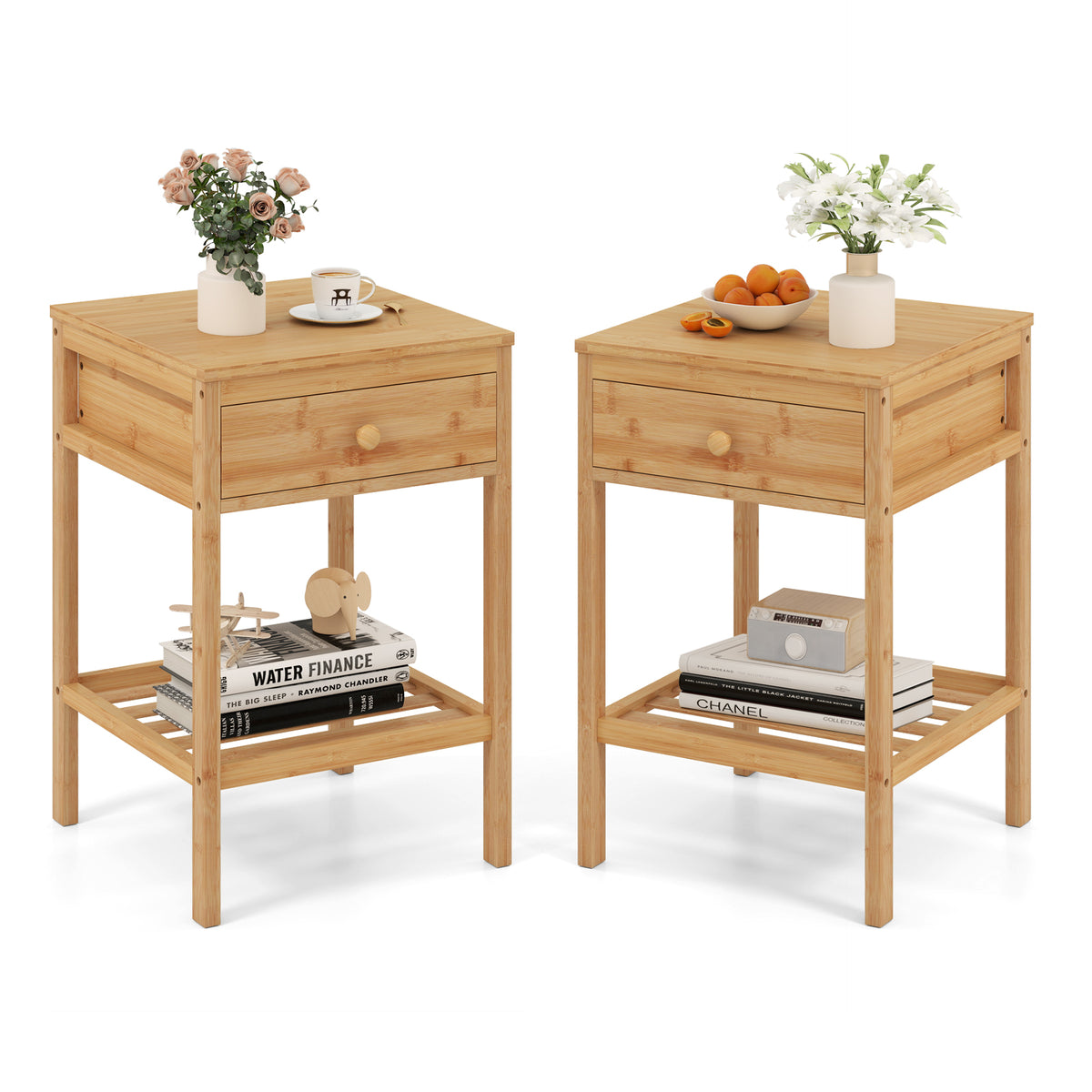 Set of 1/2 Bamboo Nightstand Bedside Table with Storage Drawer and Open Shelf-2 pieces-Nightstands-DECOROLALA
