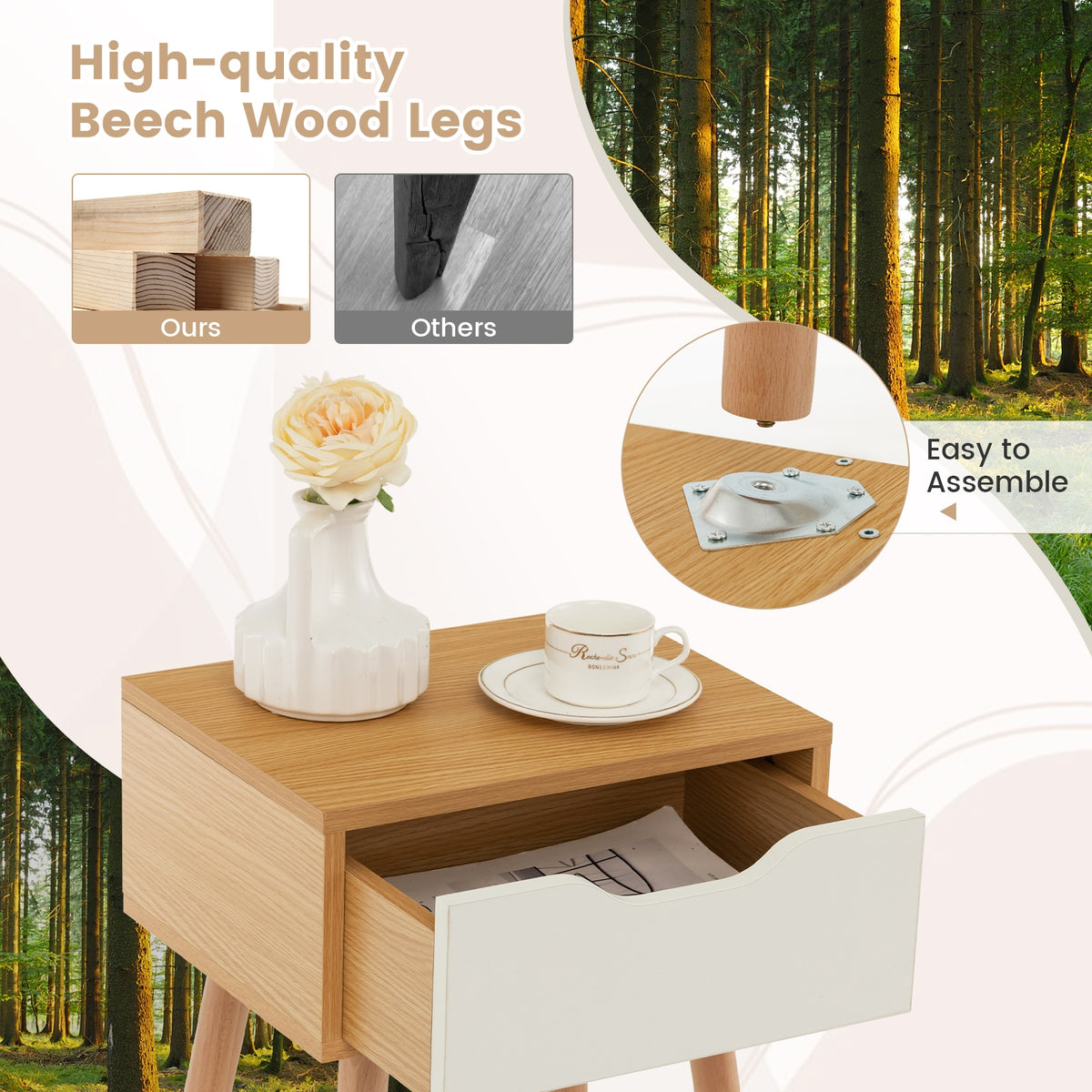 Set of 1/2 Modern Nightstand with Storage Drawer for Bedroom Living Room-2 Pieces-Nightstands-DECOROLALA