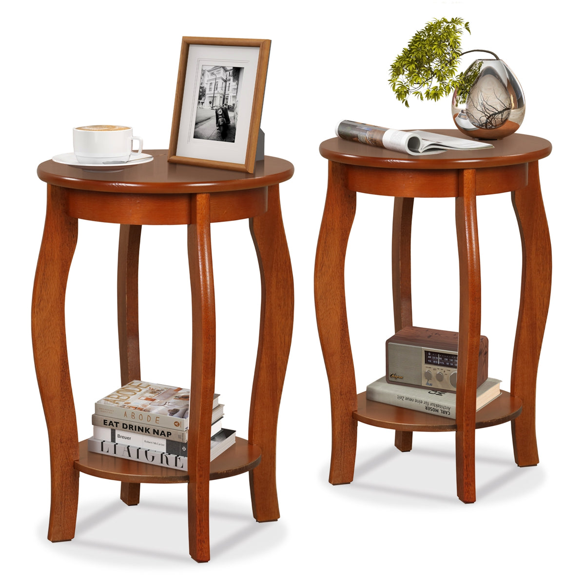 Set of 2 15 Inch 2-Tier Round End Table with Storage Shelf-Walnut-End & Side Tables-DECOROLALA