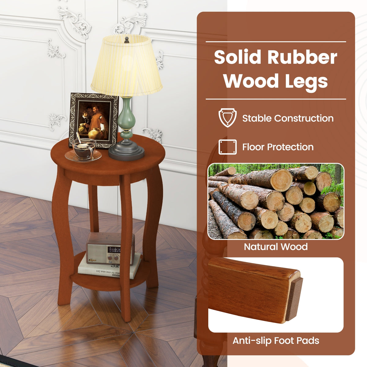 Set of 2 15 Inch 2-Tier Round End Table with Storage Shelf-Walnut-End & Side Tables-DECOROLALA