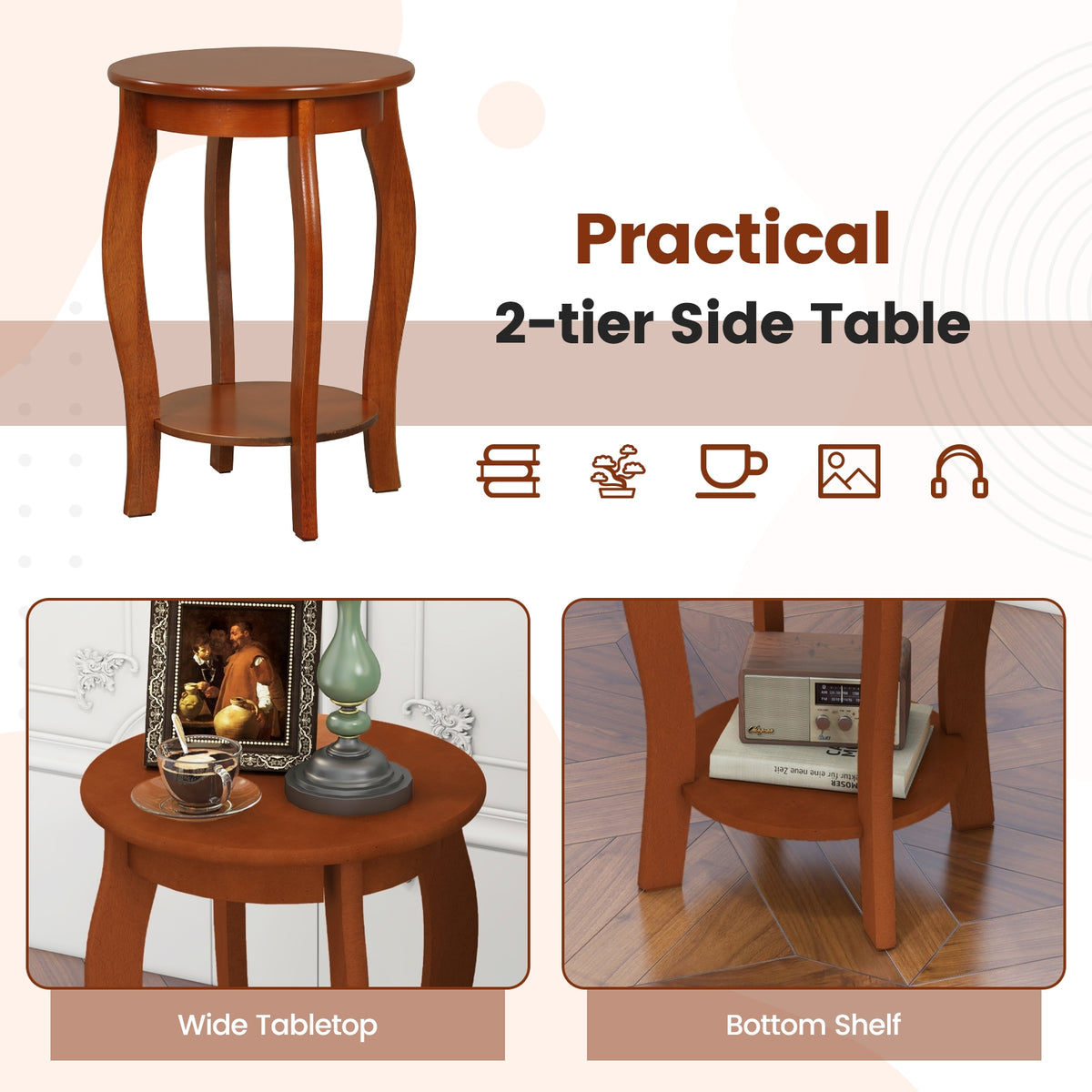 Set of 2 15 Inch 2-Tier Round End Table with Storage Shelf-Walnut-End & Side Tables-DECOROLALA