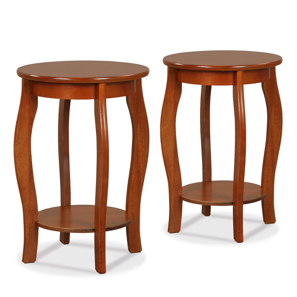 Set of 2 15 Inch 2-Tier Round End Table with Storage Shelf-Walnut-End & Side Tables-DECOROLALA