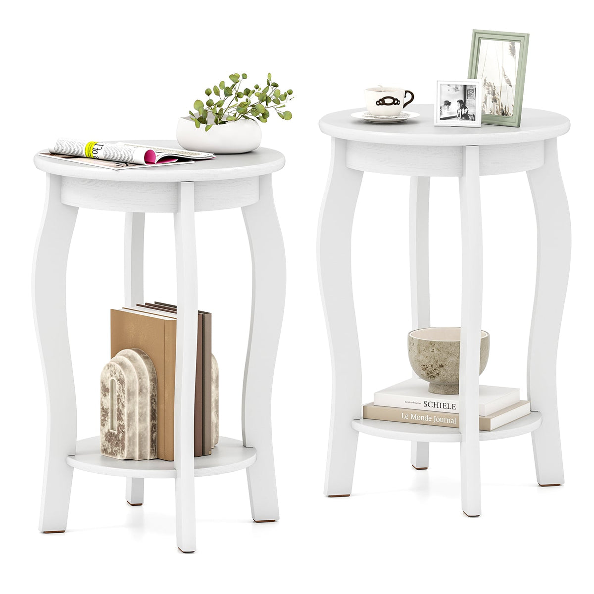 Set of 2 15 Inch 2-Tier Round End Table with Storage Shelf-White-End & Side Tables-DECOROLALA