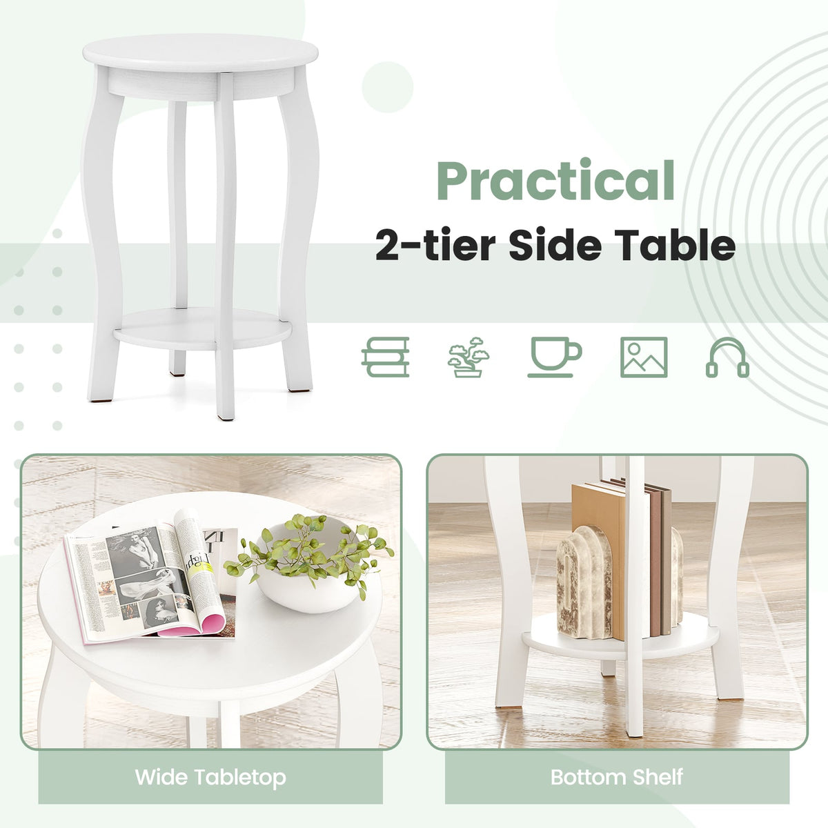 Set of 2 15 Inch 2-Tier Round End Table with Storage Shelf-White-End & Side Tables-DECOROLALA