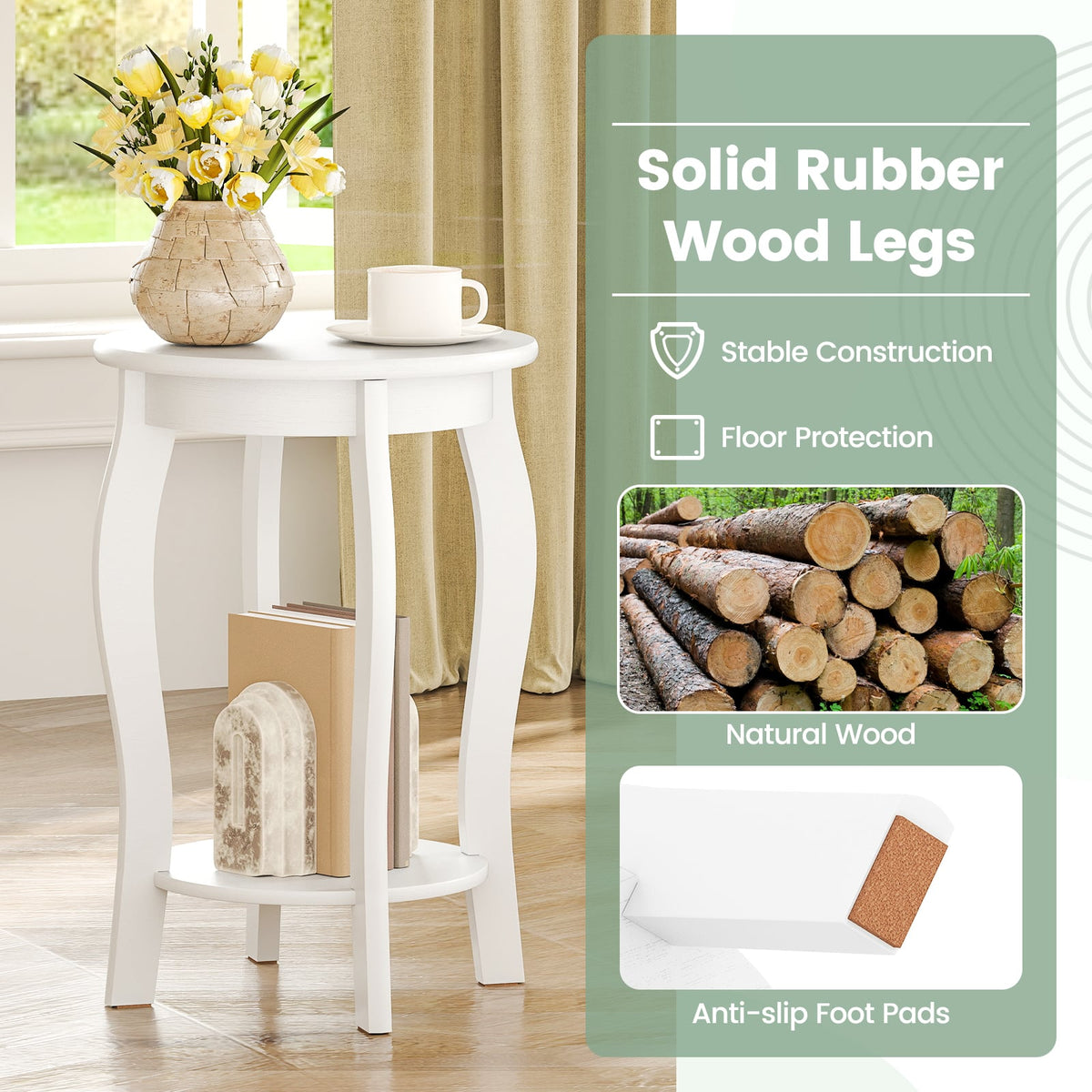 Set of 2 15 Inch 2-Tier Round End Table with Storage Shelf-White-End & Side Tables-DECOROLALA