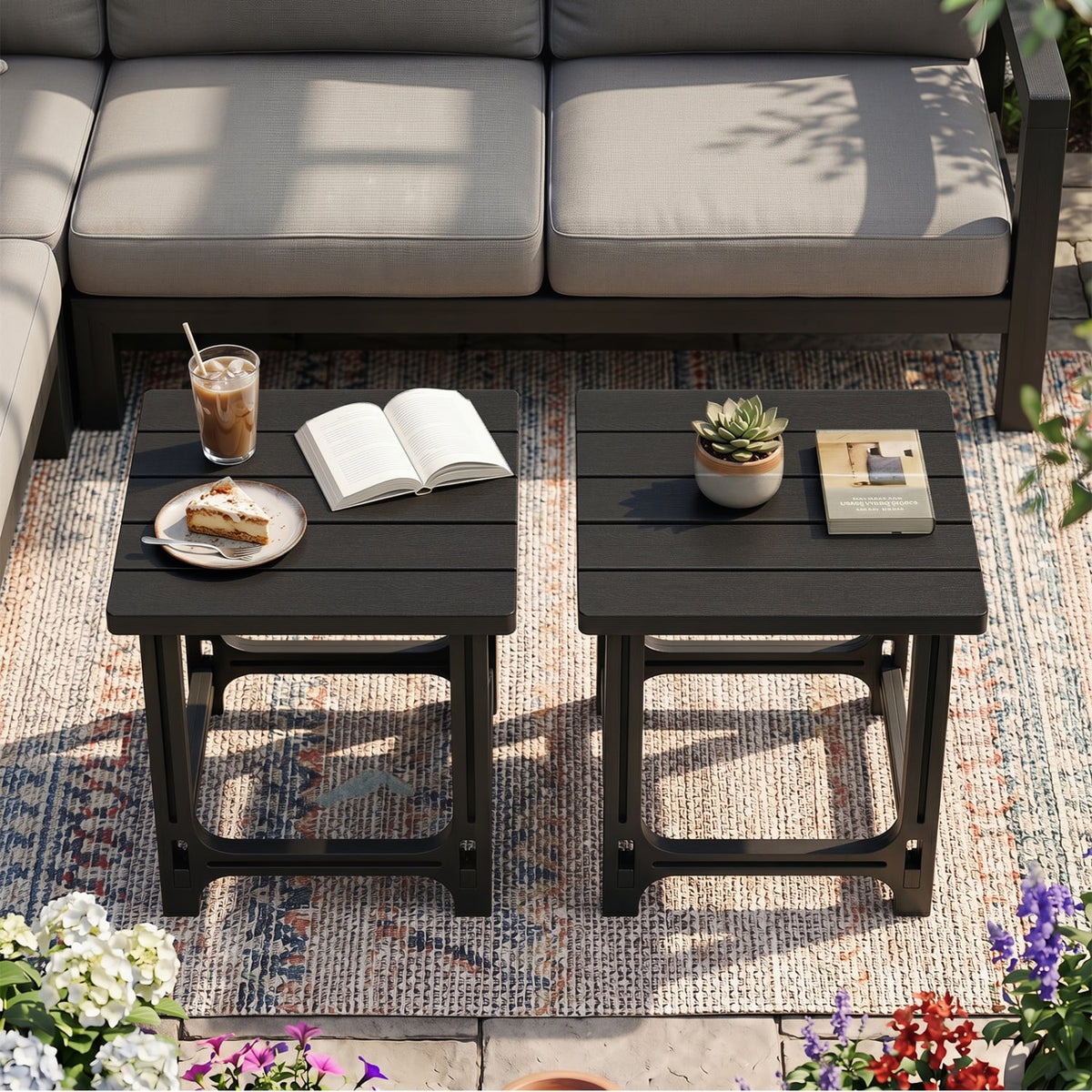 Set of 2 18 Inch Outdoor Adirondack Side Table with Slatted Surface-Black-Patio Coffee Tables-DECOROLALA