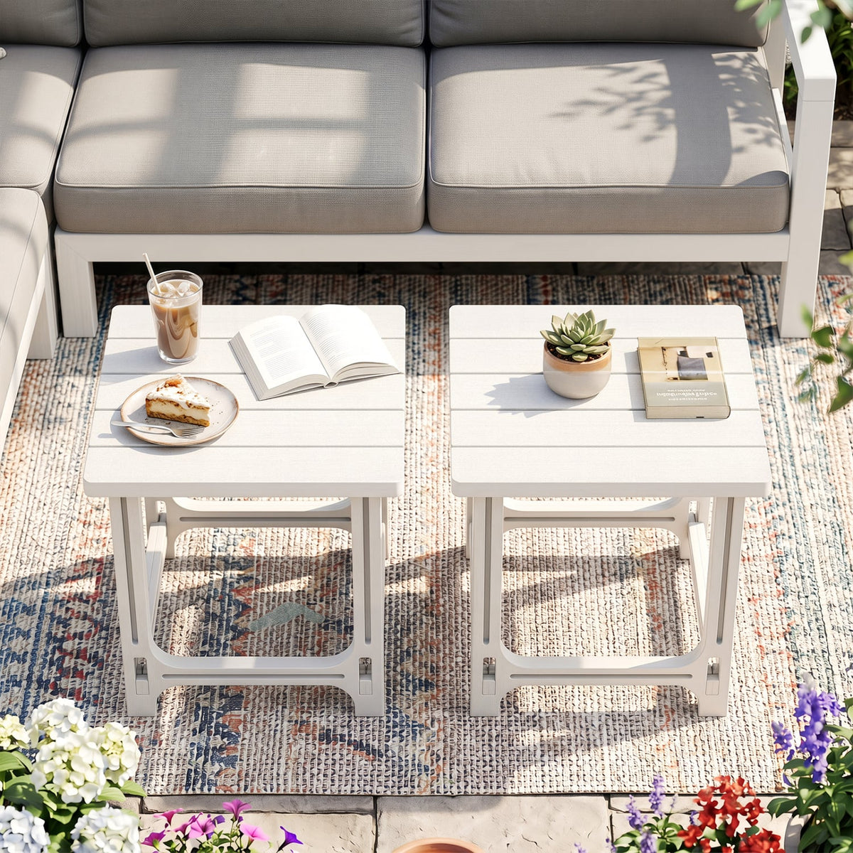 Set of 2 18 Inch Outdoor Adirondack Side Table with Slatted Surface-White-Patio Coffee Tables-DECOROLALA