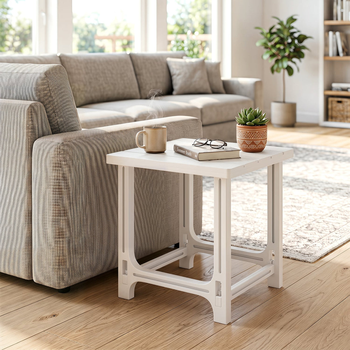 Set of 2 18 Inch Outdoor Adirondack Side Table with Slatted Surface-White-Patio Coffee Tables-DECOROLALA