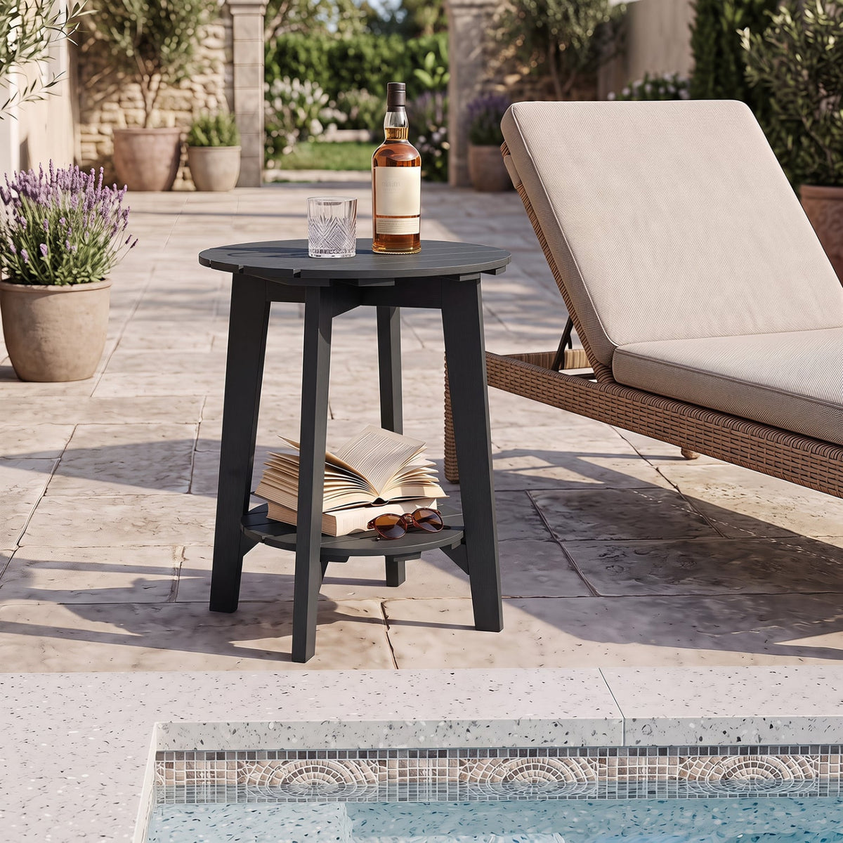 Set of 2 2-Tier Outdoor Eucalyptus Wood Side Table with Slatted Tabletop and Storage Shelf for Backyard-Black-Patio Coffee Tables-DECOROLALA
