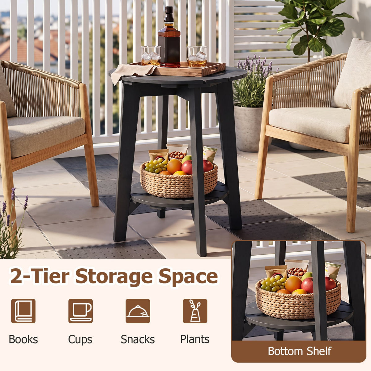 Set of 2 2-Tier Outdoor Eucalyptus Wood Side Table with Slatted Tabletop and Storage Shelf for Backyard-Black-Patio Coffee Tables-DECOROLALA