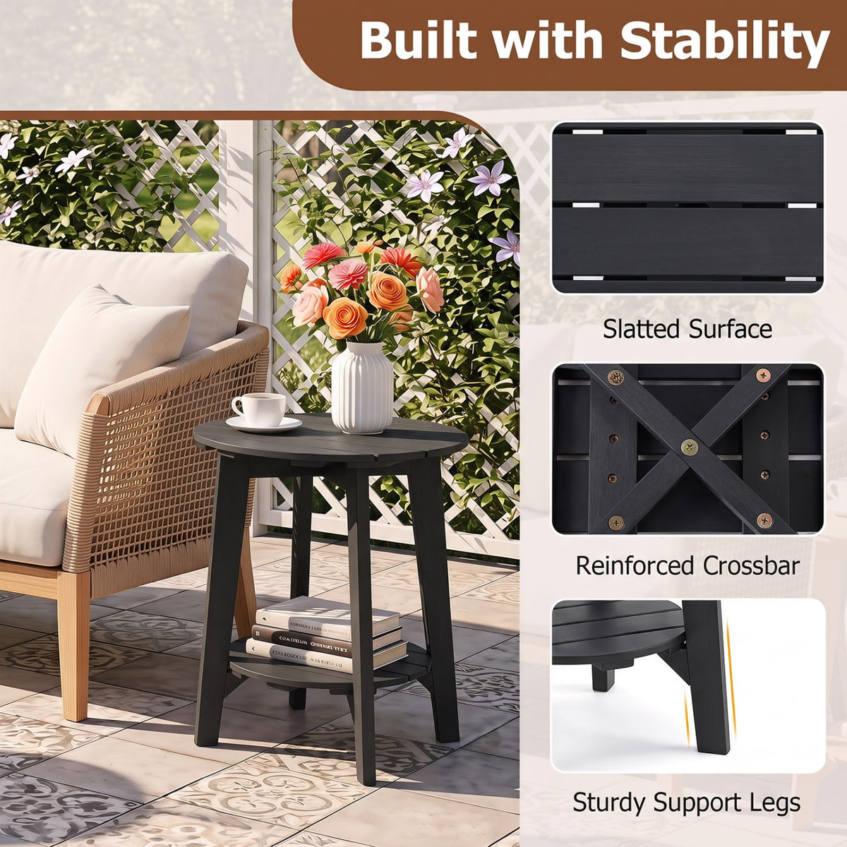 Set of 2 2-Tier Outdoor Eucalyptus Wood Side Table with Slatted Tabletop and Storage Shelf for Backyard-Black-Patio Coffee Tables-DECOROLALA