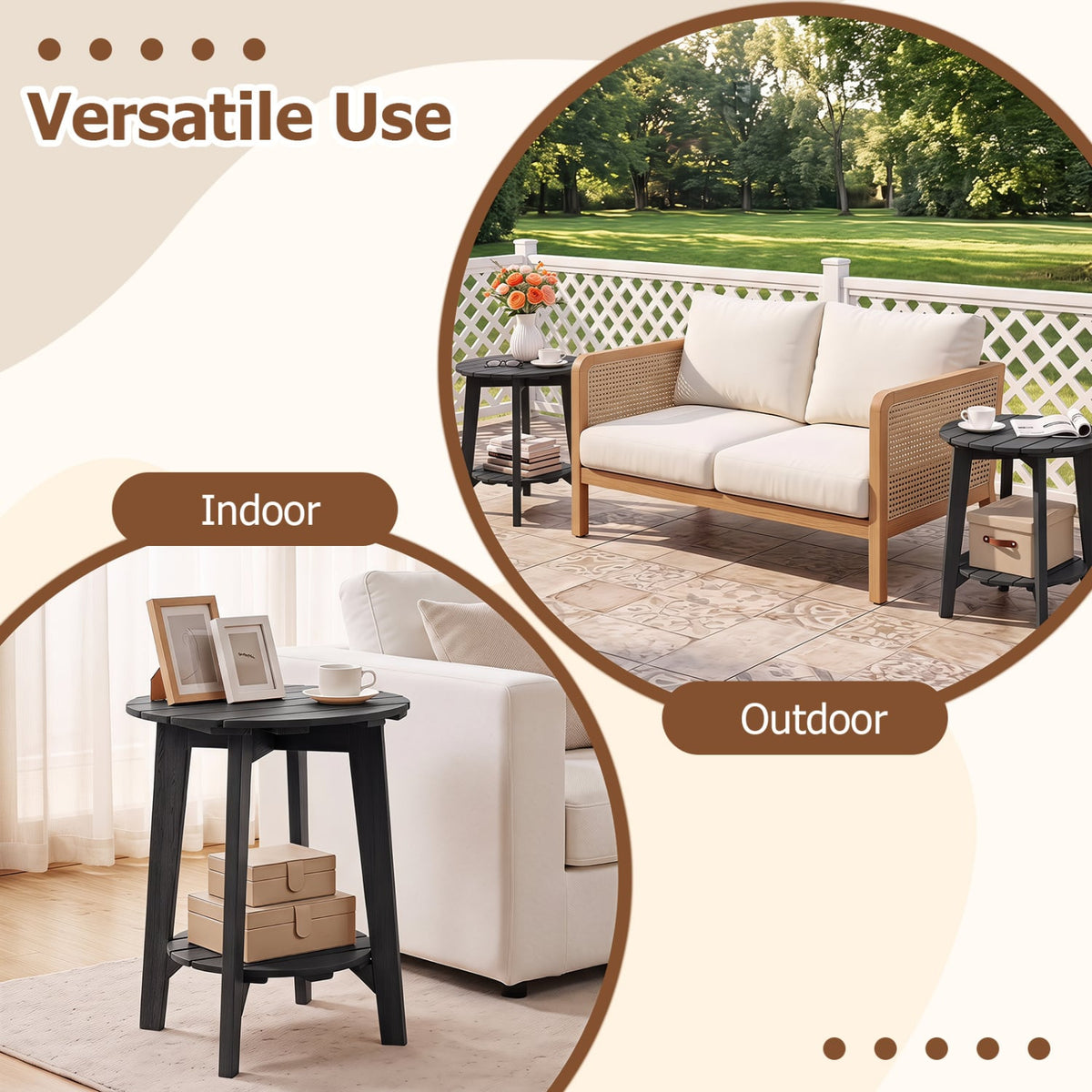 Set of 2 2-Tier Outdoor Eucalyptus Wood Side Table with Slatted Tabletop and Storage Shelf for Backyard-Black-Patio Coffee Tables-DECOROLALA