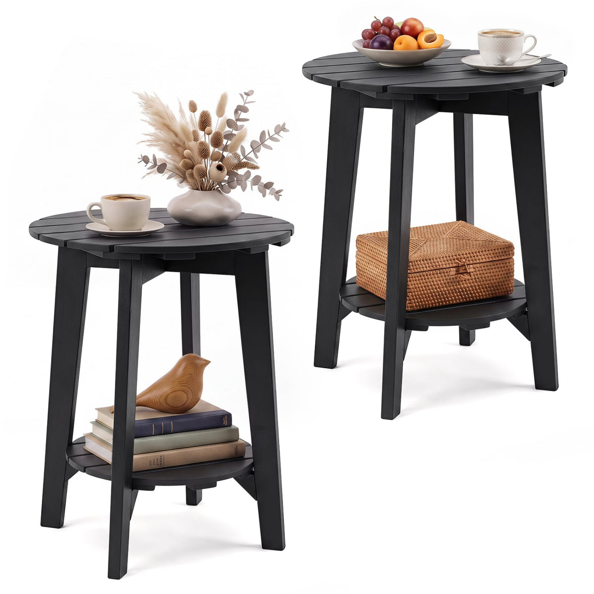 Set of 2 2-Tier Outdoor Eucalyptus Wood Side Table with Slatted Tabletop and Storage Shelf for Backyard-Black-Patio Coffee Tables-DECOROLALA