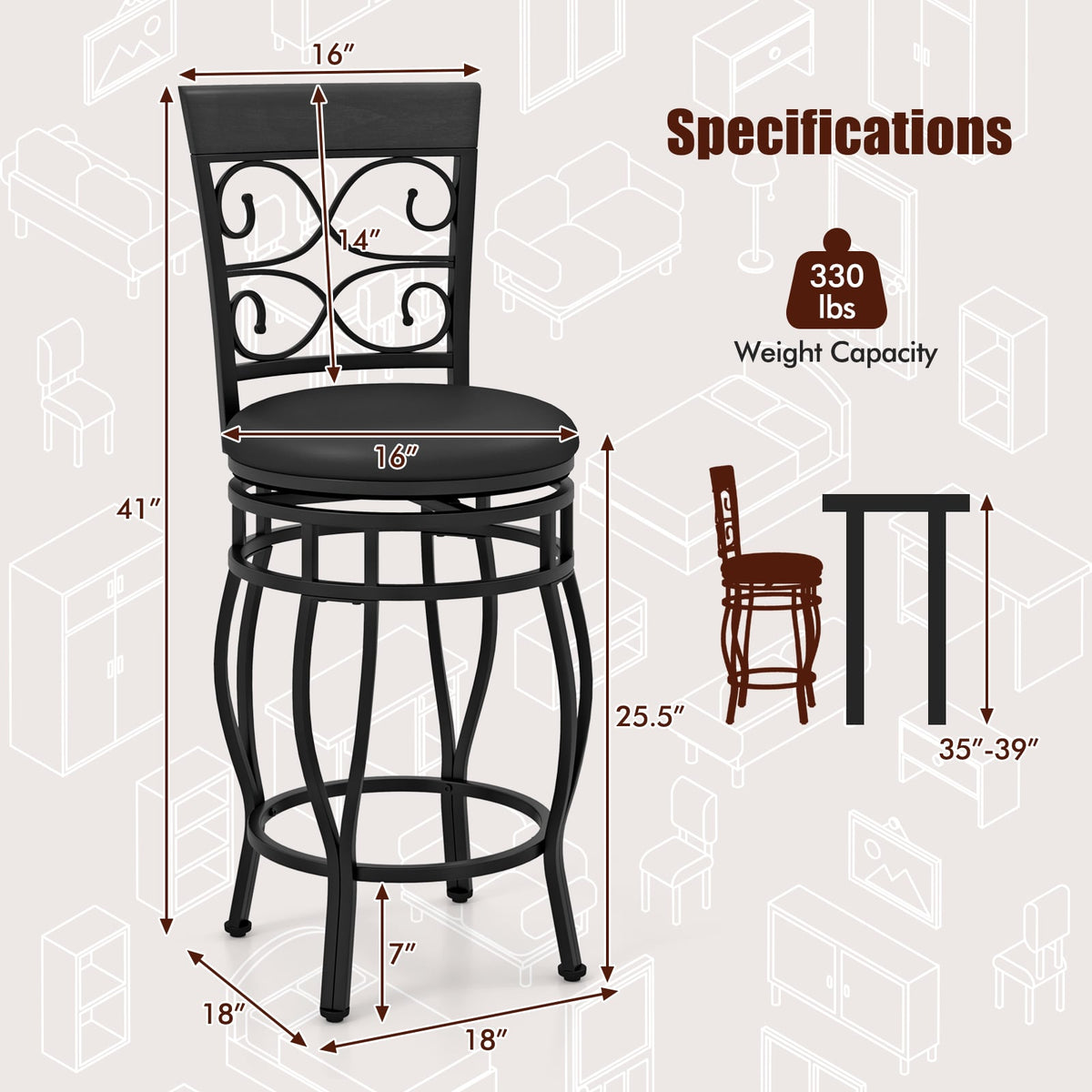 Set of 2 26 Inch Bar Stool with Backrest and Footrest-Black-Dining Chairs-DECOROLALA