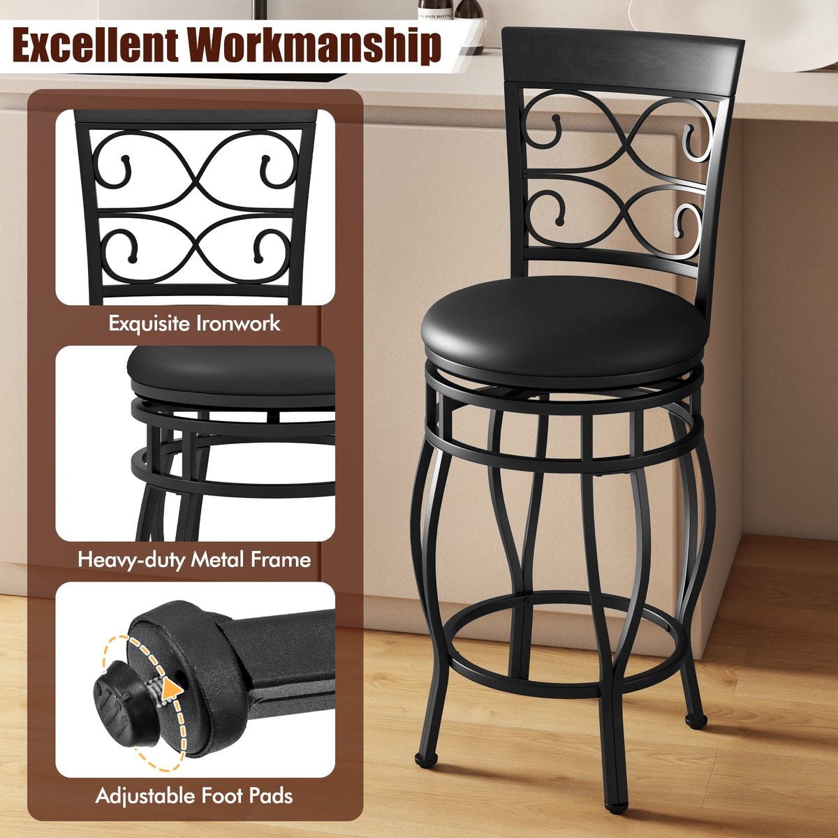 Set of 2 26 Inch Bar Stool with Backrest and Footrest-Black-Dining Chairs-DECOROLALA