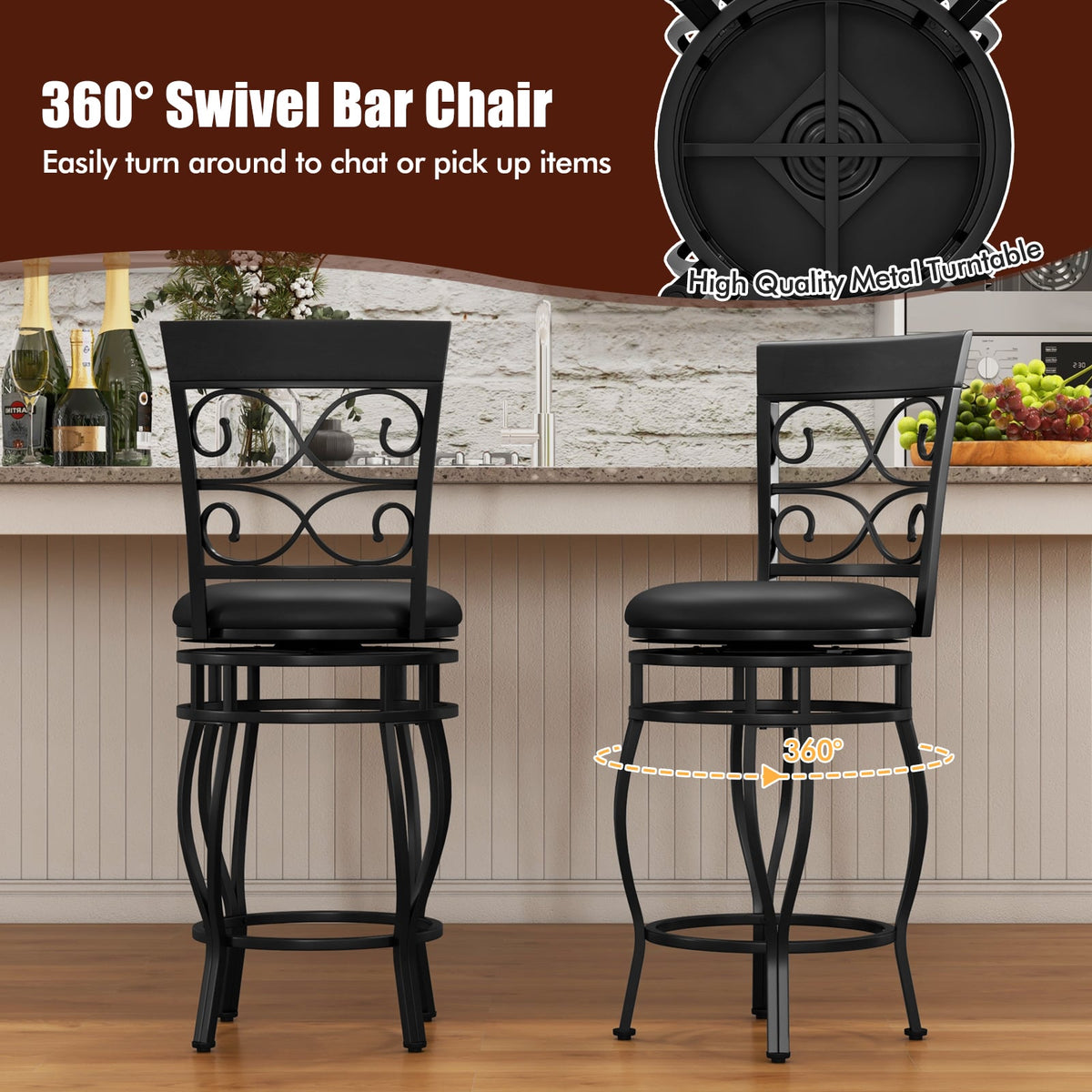 Set of 2 26 Inch Bar Stool with Backrest and Footrest-Black-Dining Chairs-DECOROLALA